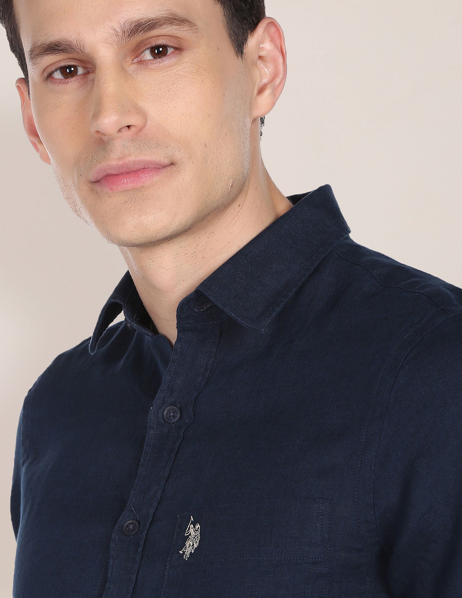 Short Sleeve Solid Linen Casual Shirt Navy - U.S. Polo Assn. India | Large