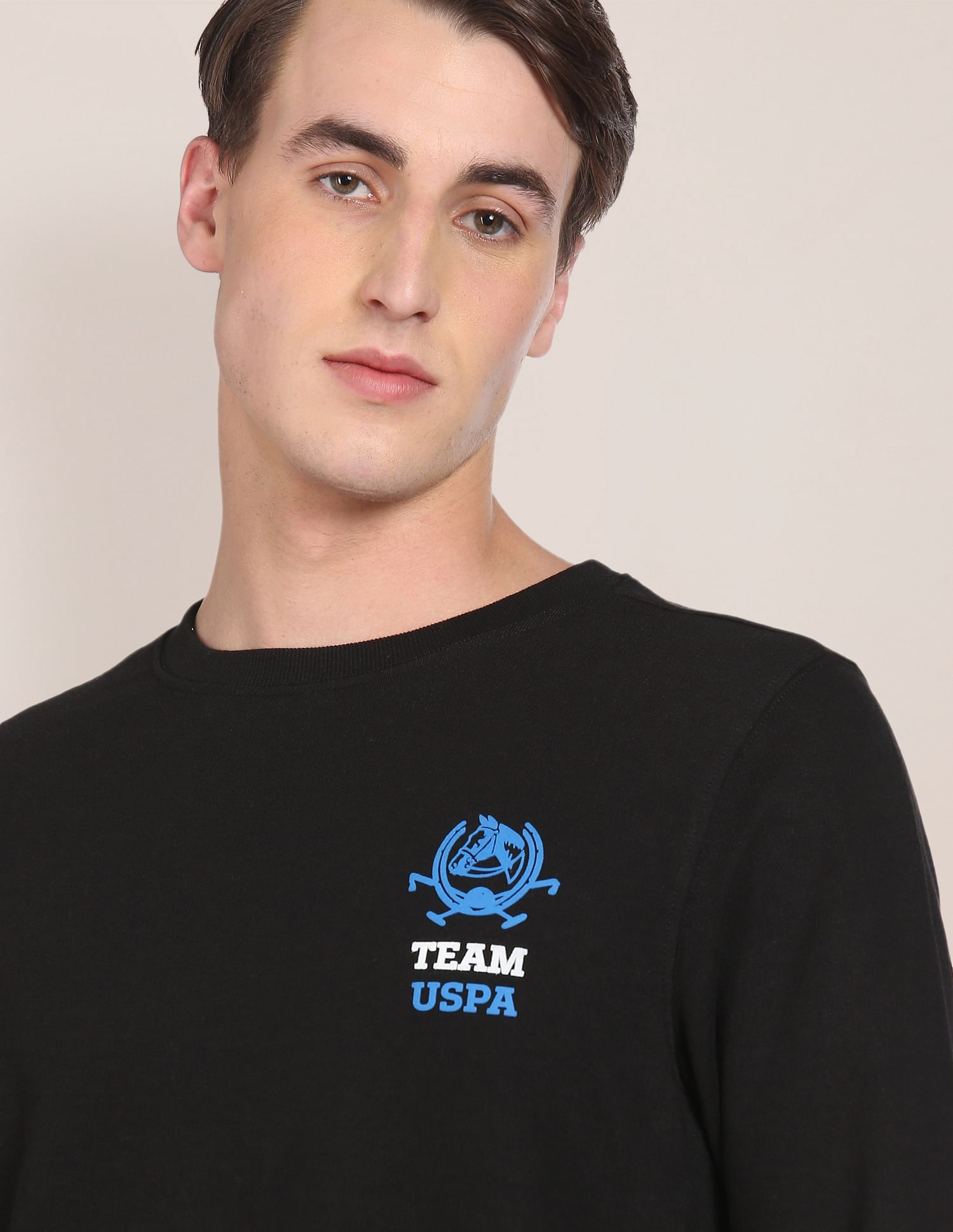 Men Black Crew Neck Logo Solid Sweatshirt Black - U.S. POLO ASSN. | Large