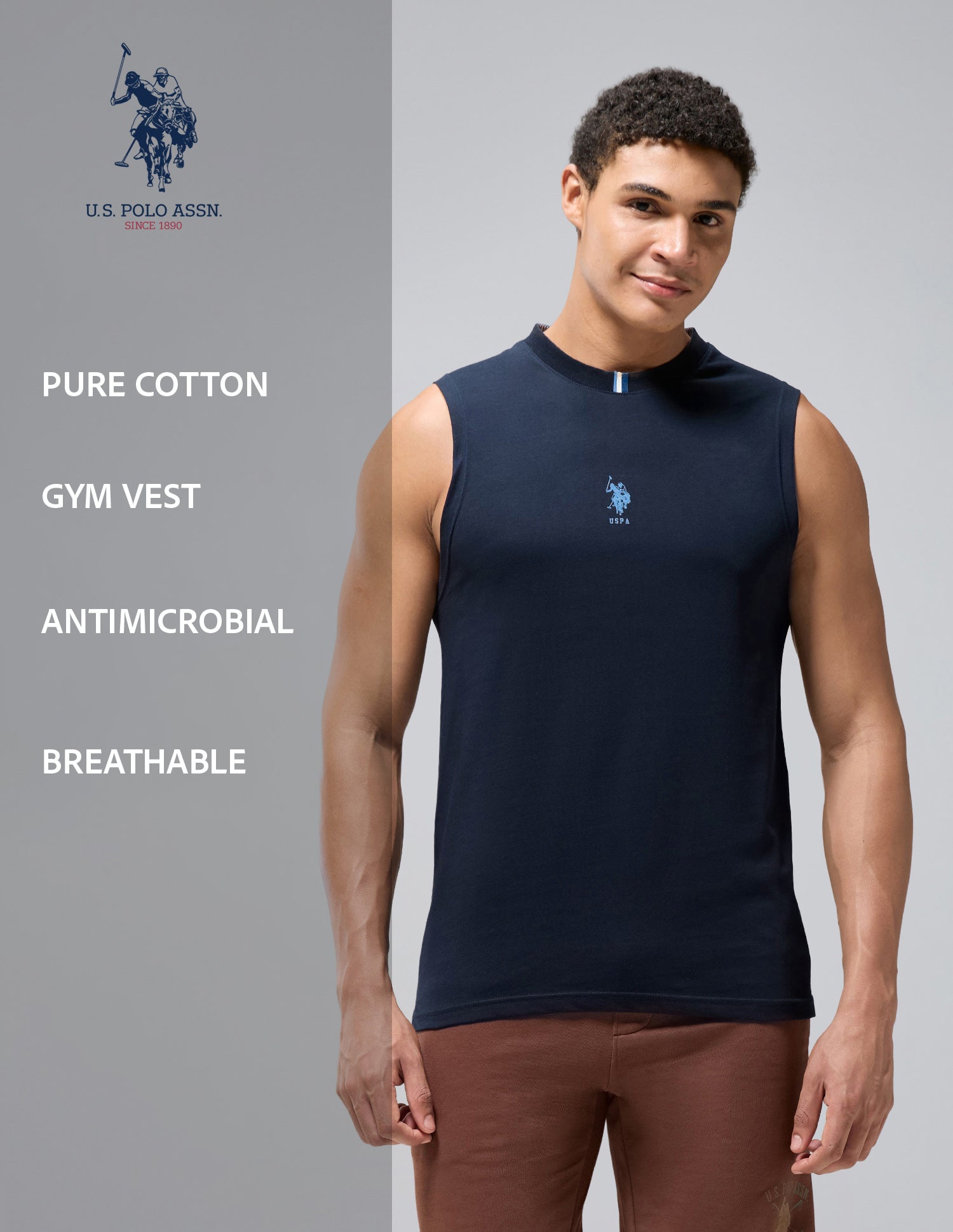 Pure Cotton Breathable OEV12 Gym Vest Navy - U.S. Polo Assn. India | Large