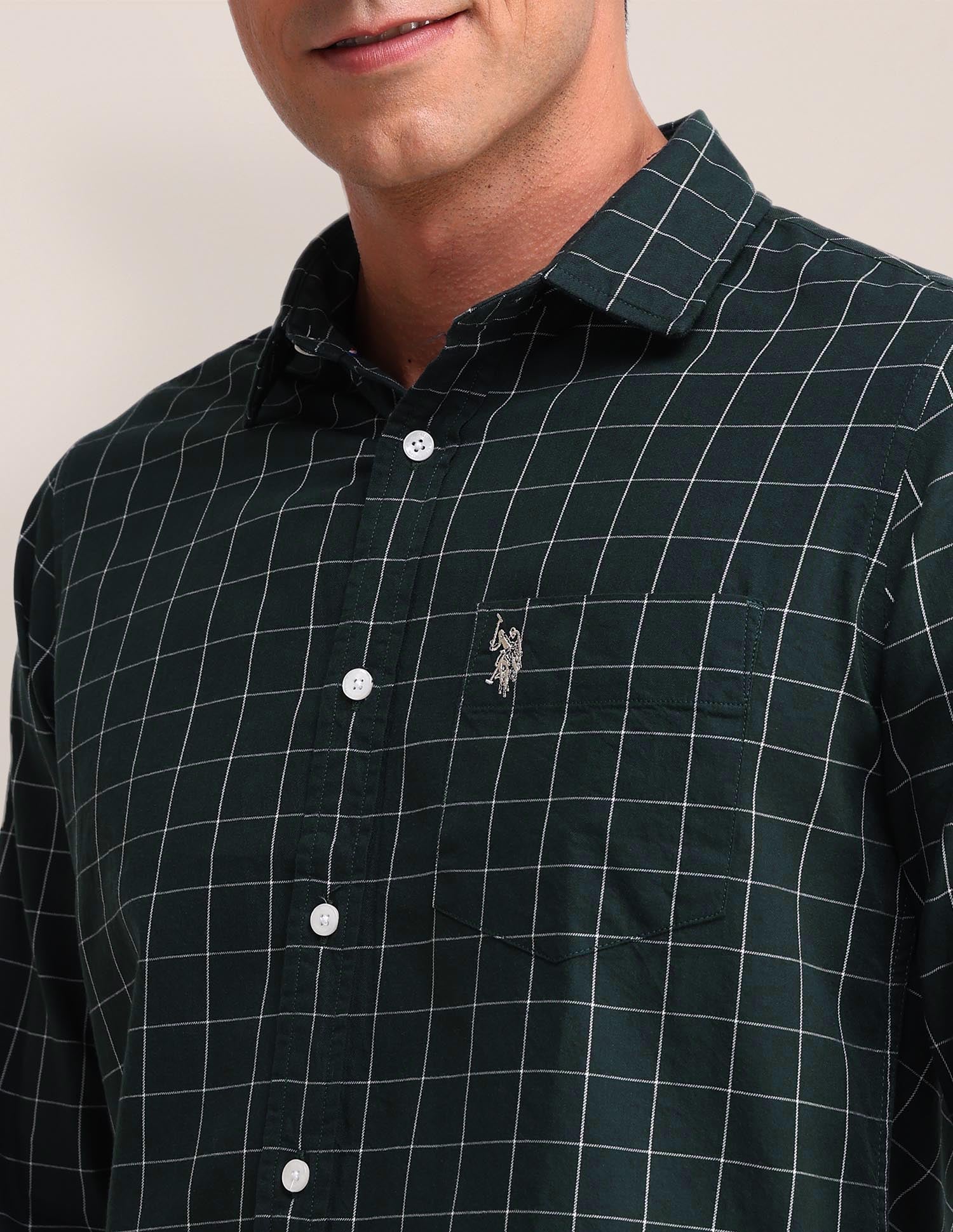 Windowpane Checked Twill Shirt Dark Green - U.S. Polo Assn. India | Large