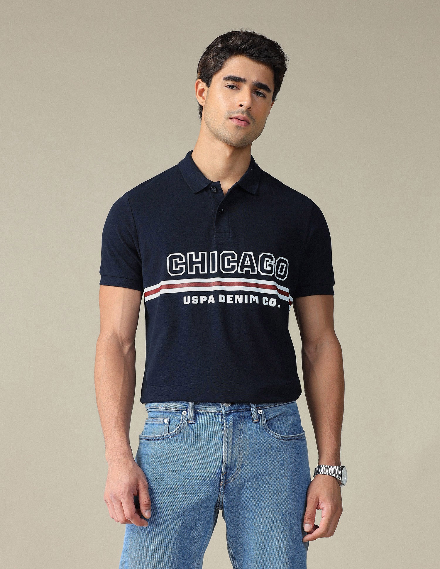 Typographic Printed Muscle Fit Polo Shirt Navy - U.S. POLO ASSN. | Large