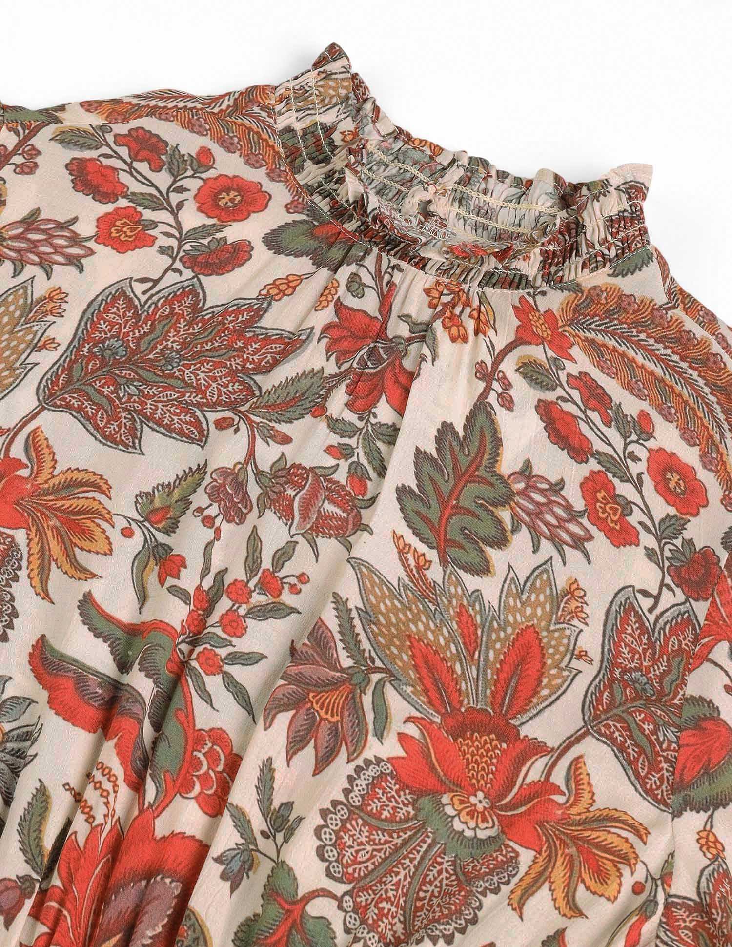 Smocked Floral Printed A-Line Midi Dress Ecru - U.S. POLO ASSN. | Large