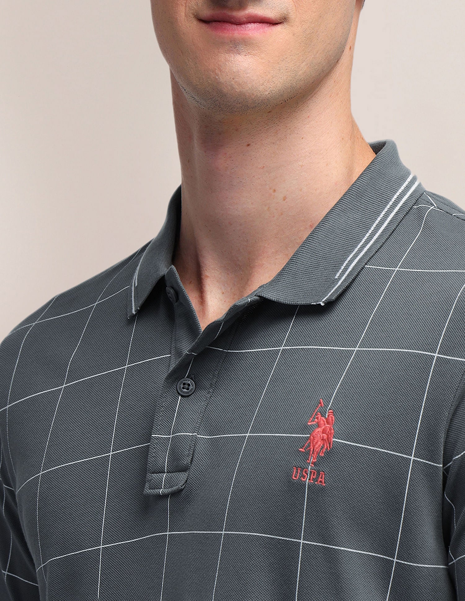 Pure Cotton Checked Slim Fit Polo Shirt Grey - U.S. Polo Assn. India | Large