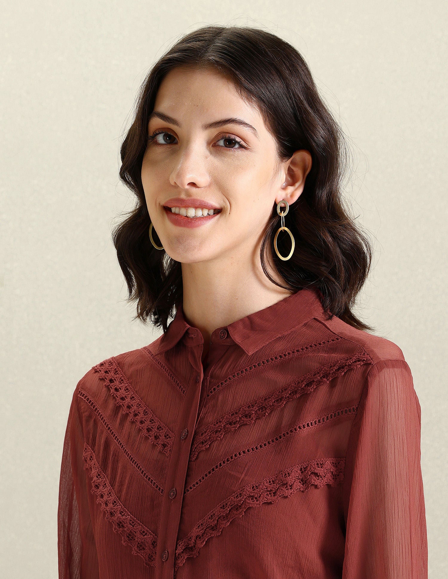 Lace Detail Chiffon Shirt Rust - U.S. POLO ASSN. | Large