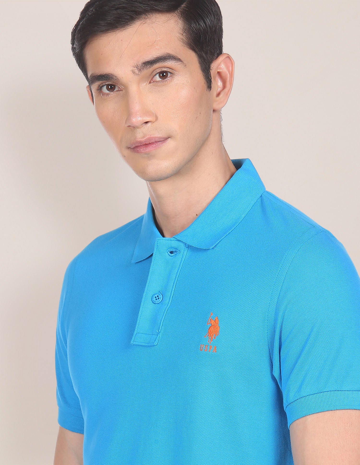 Ribbed Collar Solid Polo Shirt Blue - U.S. POLO ASSN. | Large