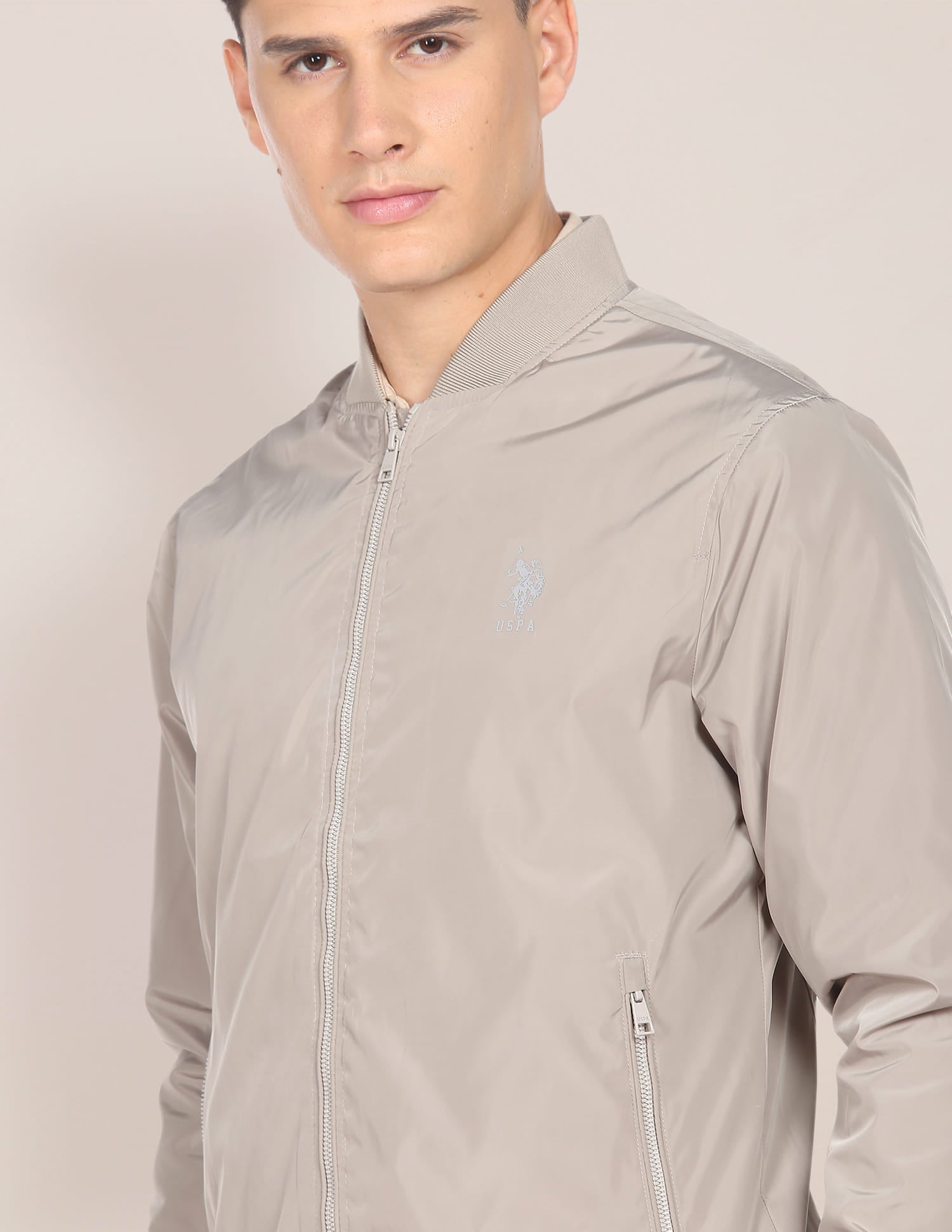 Solid Stand Collar Bomber Jacket Stone - U.S. Polo Assn. India | Large