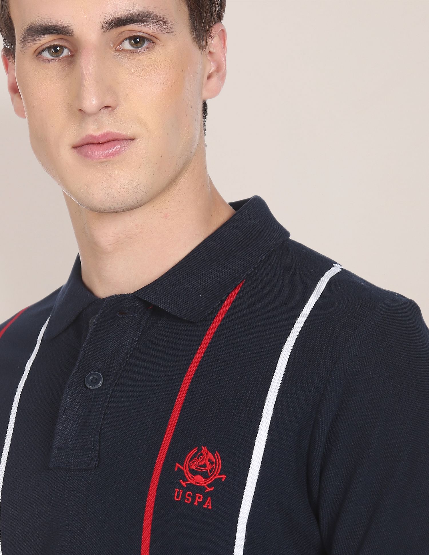 Ribbed Collar Vertical Stripe Polo Shirt Navy - U.S. POLO ASSN. | Large
