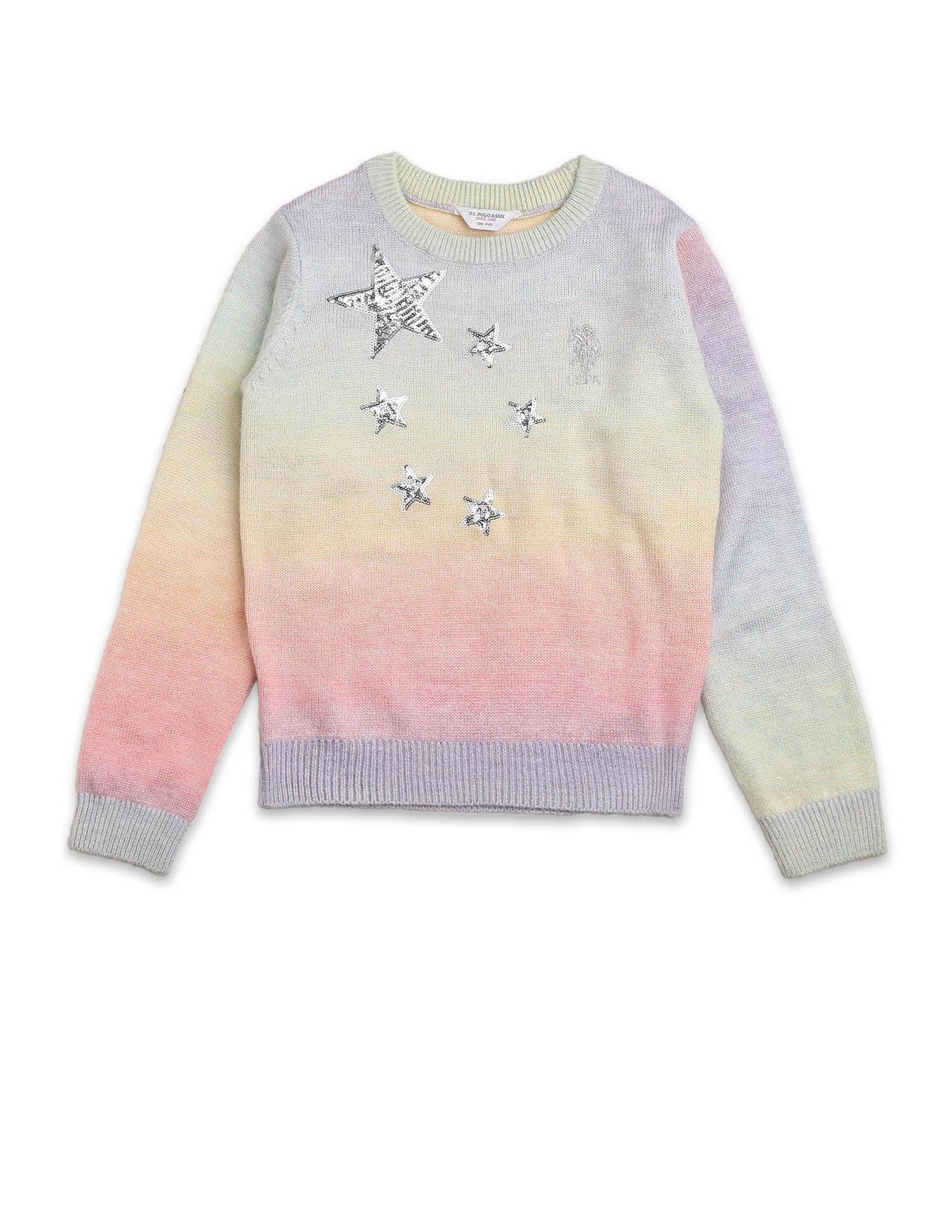 GirlsCrew Neck Embellished Sweater Pink and Grey - U.S. POLO ASSN. | Large
