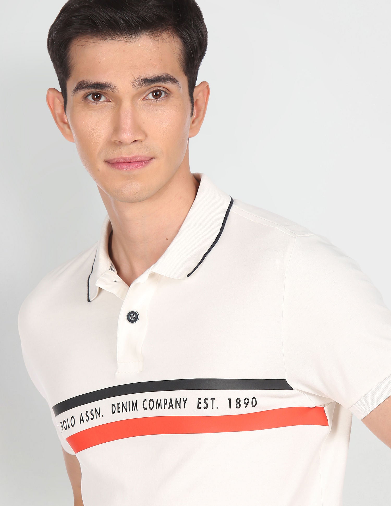 Men White Tipped Collar Brand Print Polo Shirt White - U.S. Polo Assn. India | Large