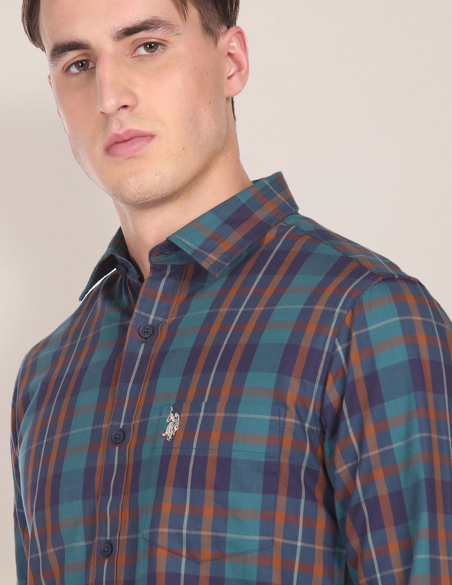 Men Teal Premium Cotton Madras Check Casual Shirt Teal - U.S. Polo Assn. India | Large
