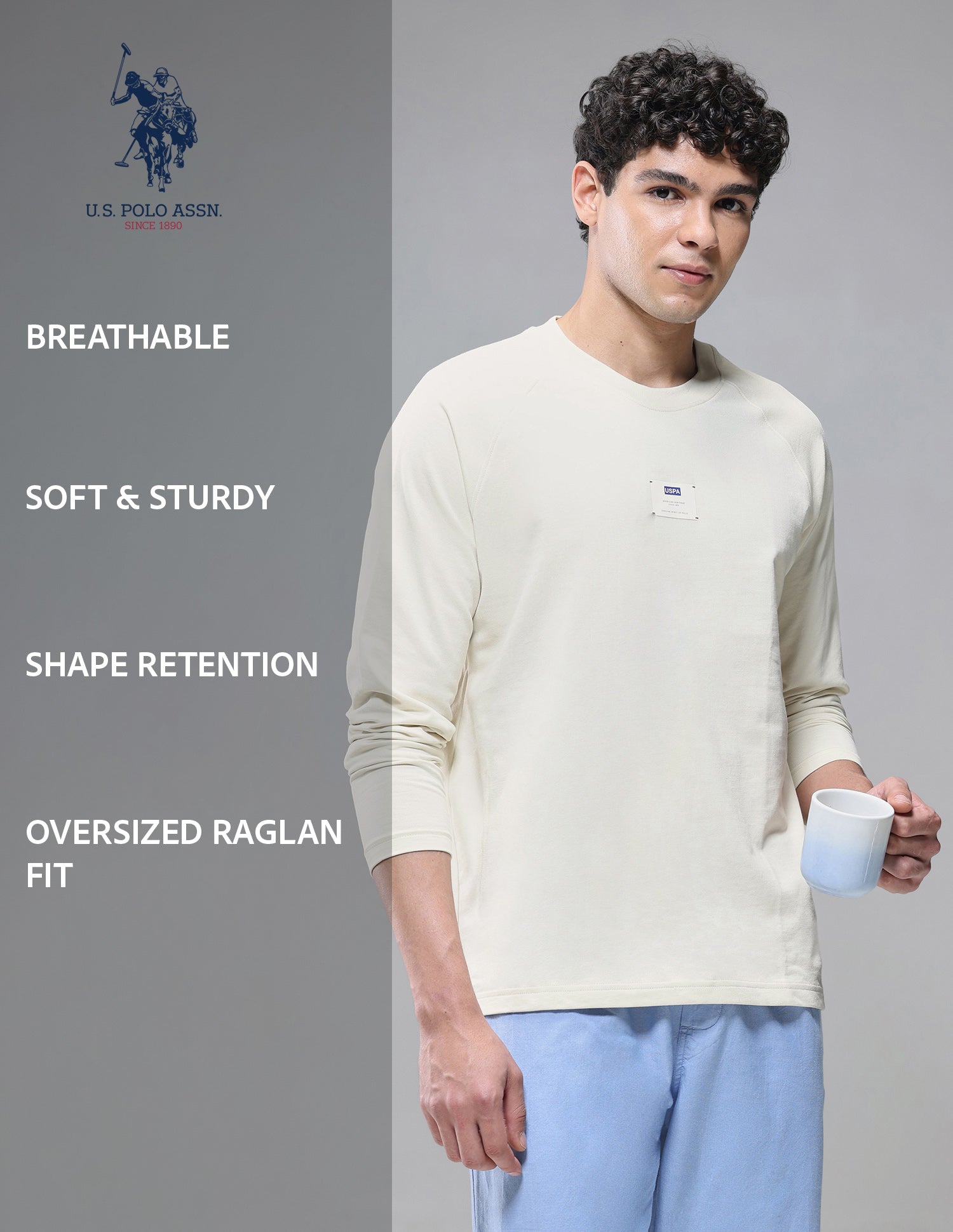 Raglan Full Sleeve Loopknit Lounge T-Shirt Bone White - U.S. Polo Assn. India | Large