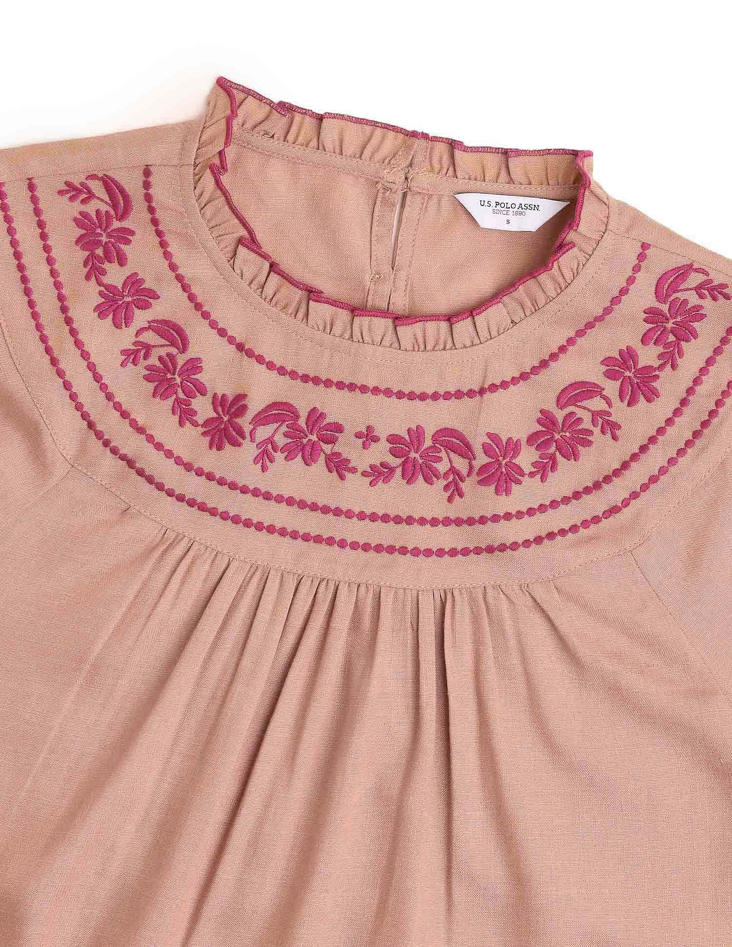 Yoke Embroidered Frill Top Beige - U.S. POLO ASSN. | Large