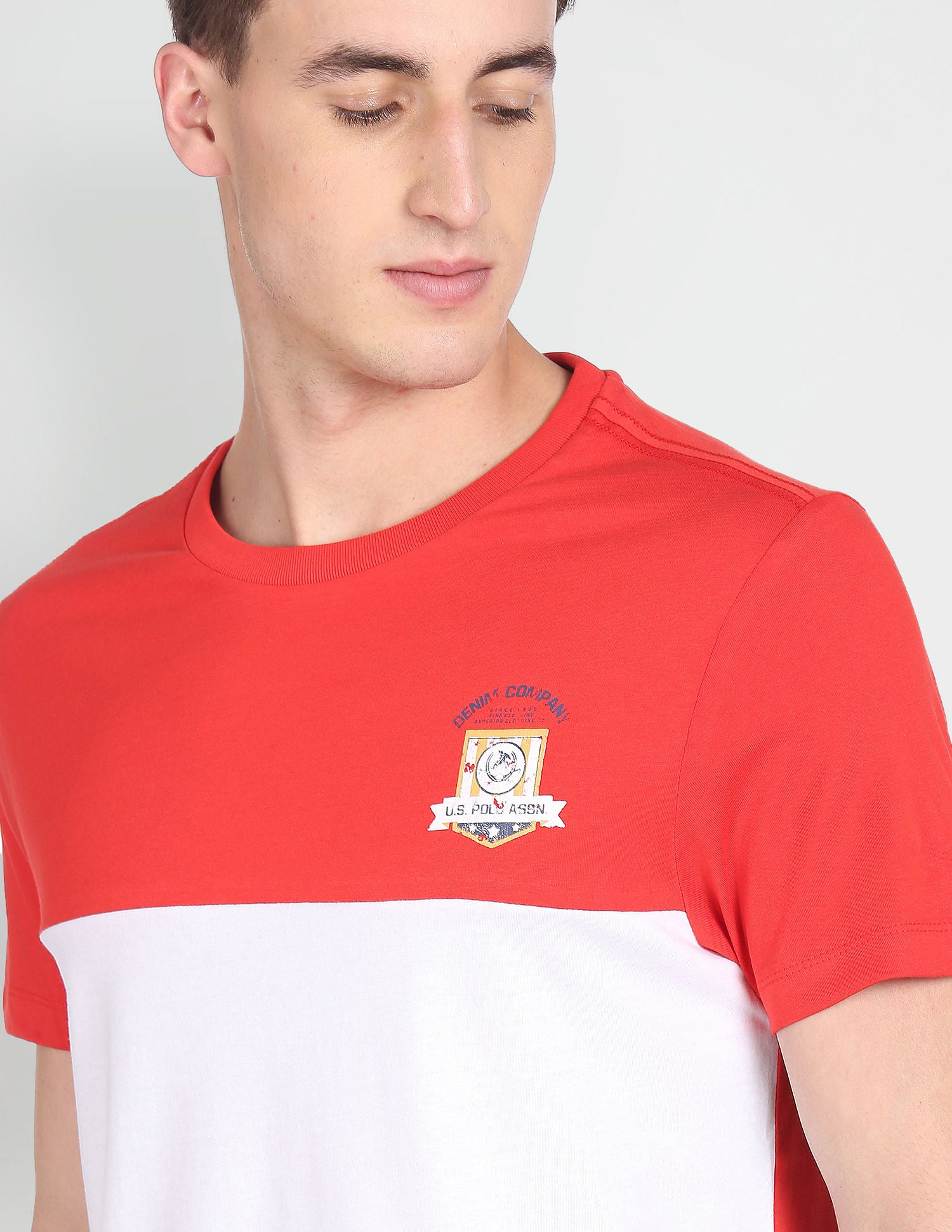 Crew Neck Colour Block Cotton T-Shirt Red, Blue and White - U.S. Polo Assn. India | Large