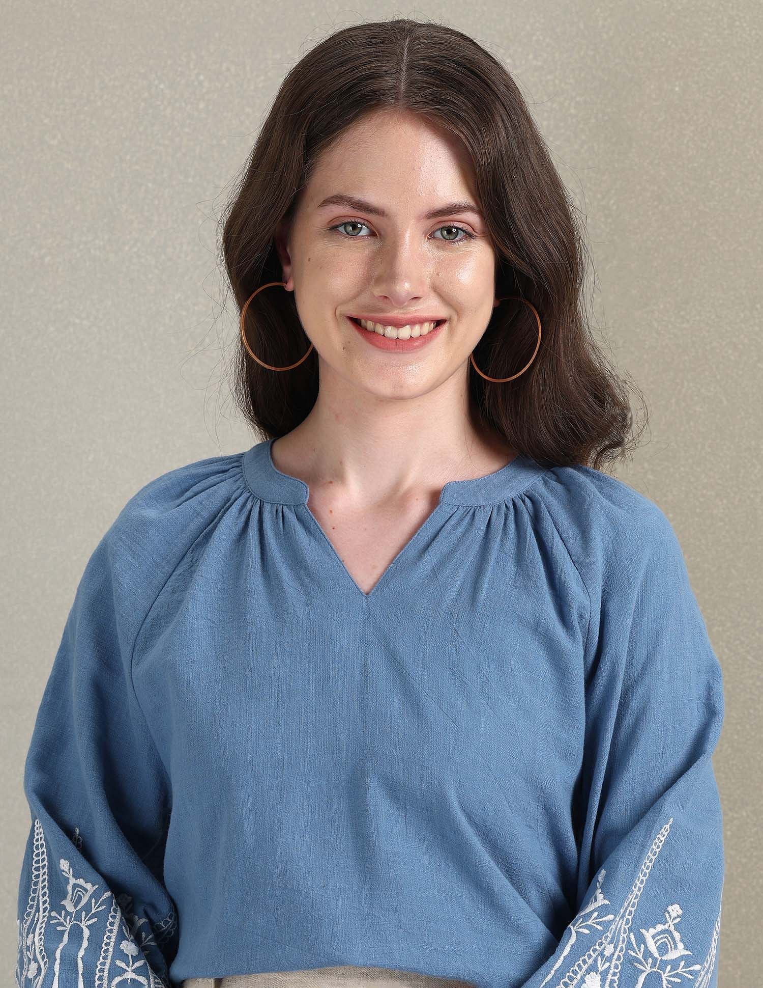 Cotton Flax Embroidered Blouson Top Blue - U.S. POLO ASSN. | Large