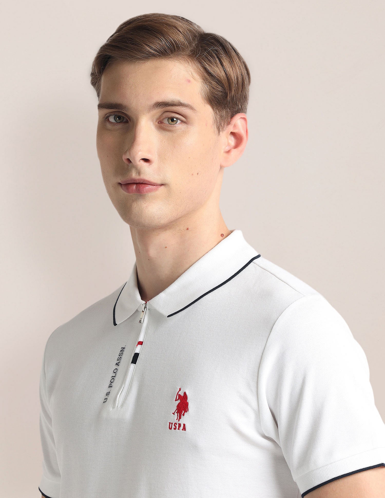 Logo Placket Zipper Polo Shirt White - U.S. Polo Assn. India | Large
