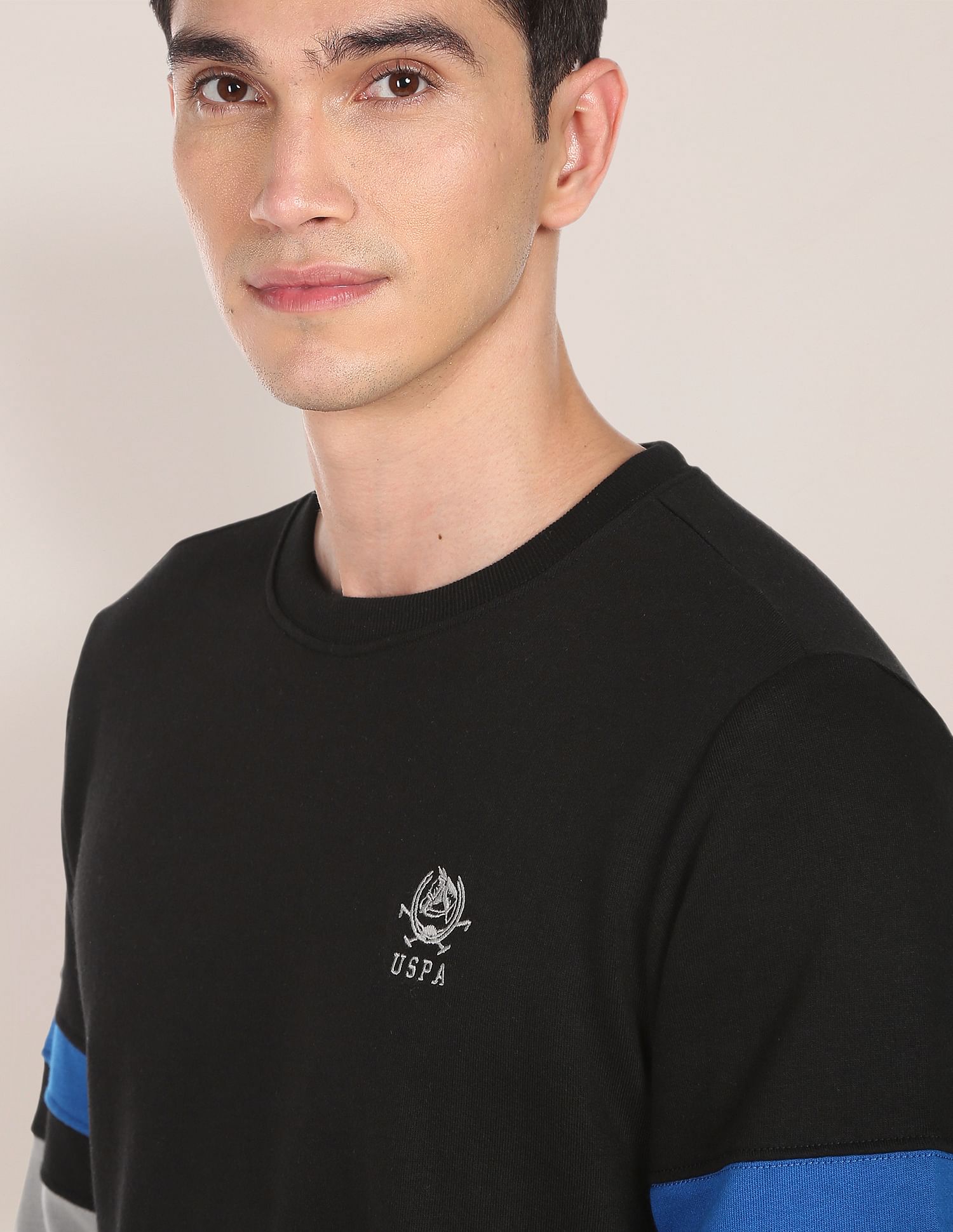 Men Black Crew Neck Colour Block Sweatshirt Black - U.S. POLO ASSN. | Large