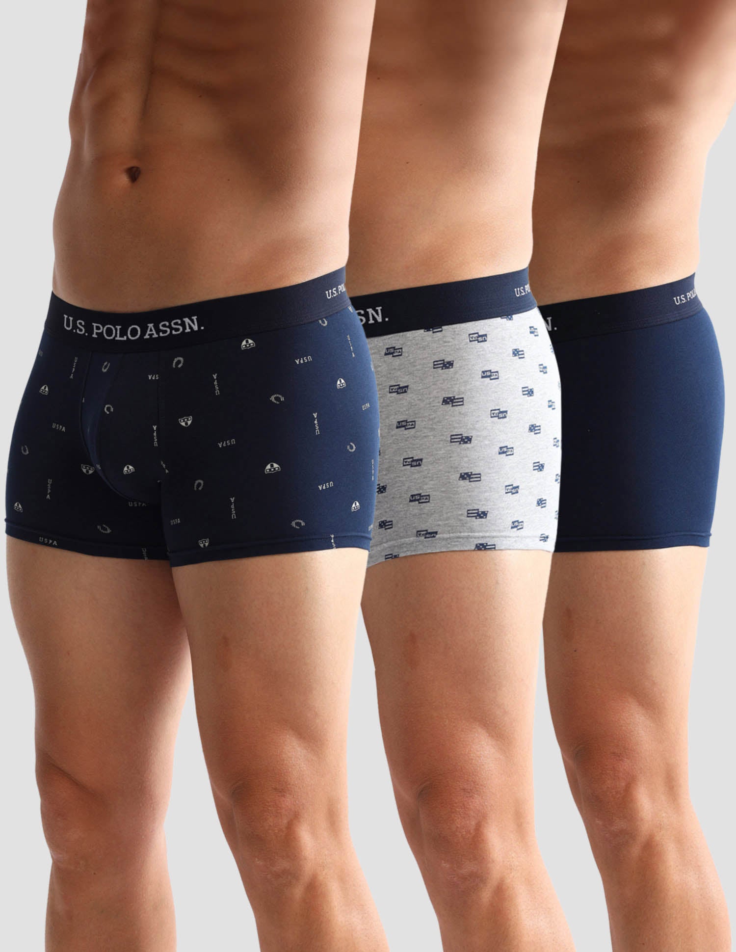 Anti Microbial Printed OET14 Trunks - Pack Of 3 Navy, Grey Melange and Navy - U.S. POLO ASSN. | Large