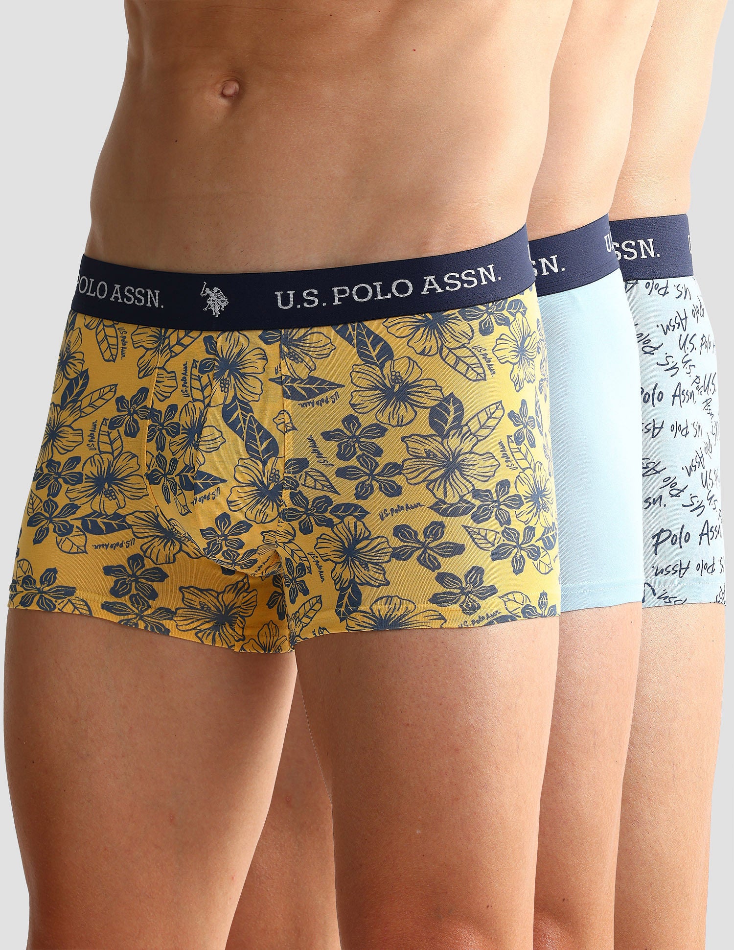 Elastic Waistband Ribbed OET08 Trunks - Pack Of 3 Yellow and Blue - U.S. POLO ASSN. | Large