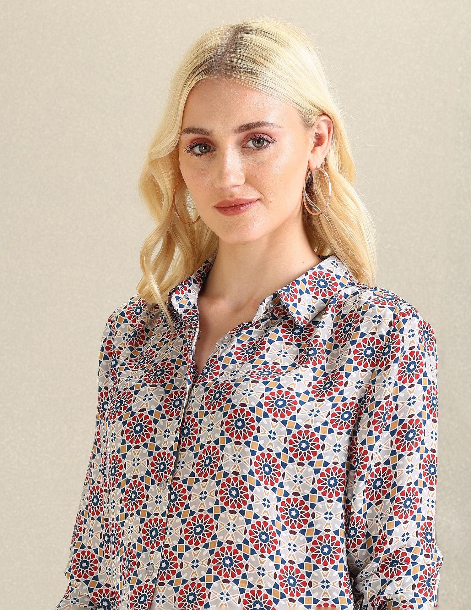 Geometric Printed Cotton Top White, Red and Blue - U.S. Polo Assn. India | Large