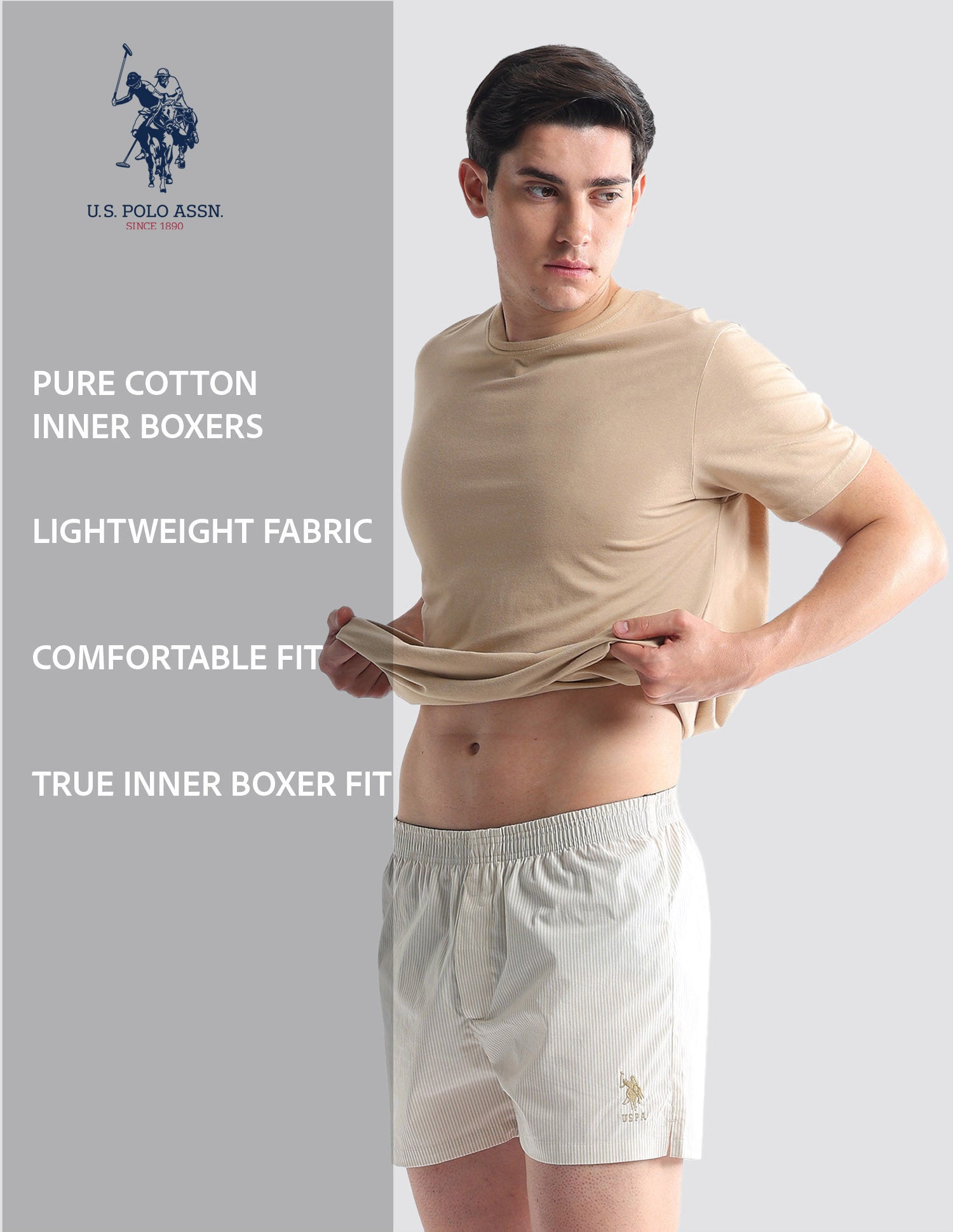 Pure Cotton EX004  Boxer Shorts - Pack of 1 Beige and White - U.S. POLO ASSN. | Large