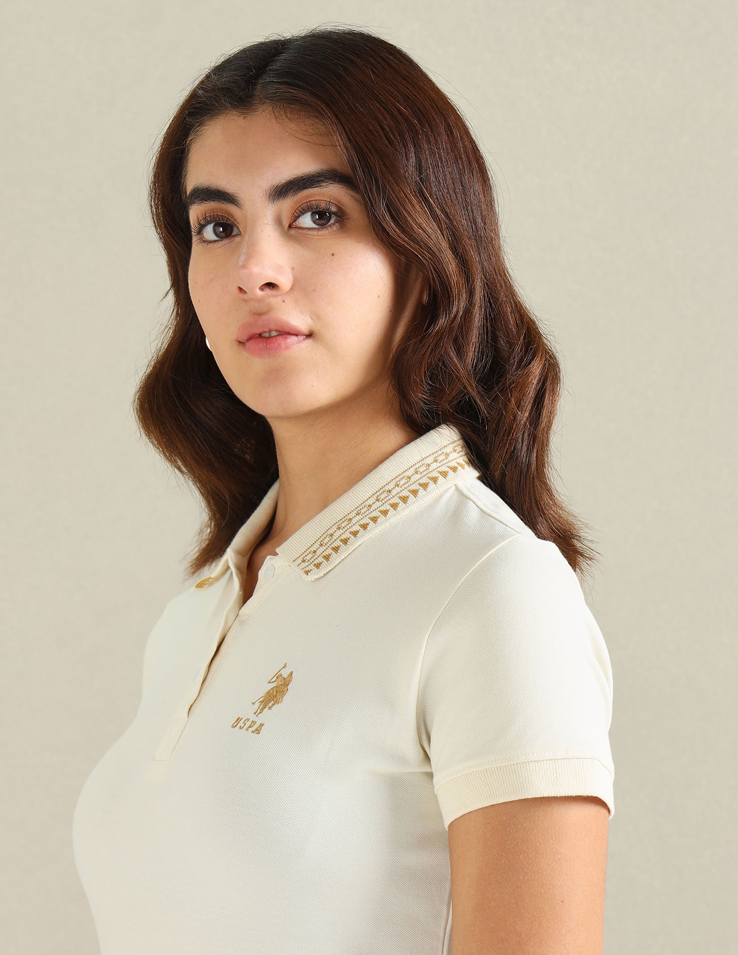 Geometric Detail Pique Polo Shirt Ecru - U.S. POLO ASSN. | Large