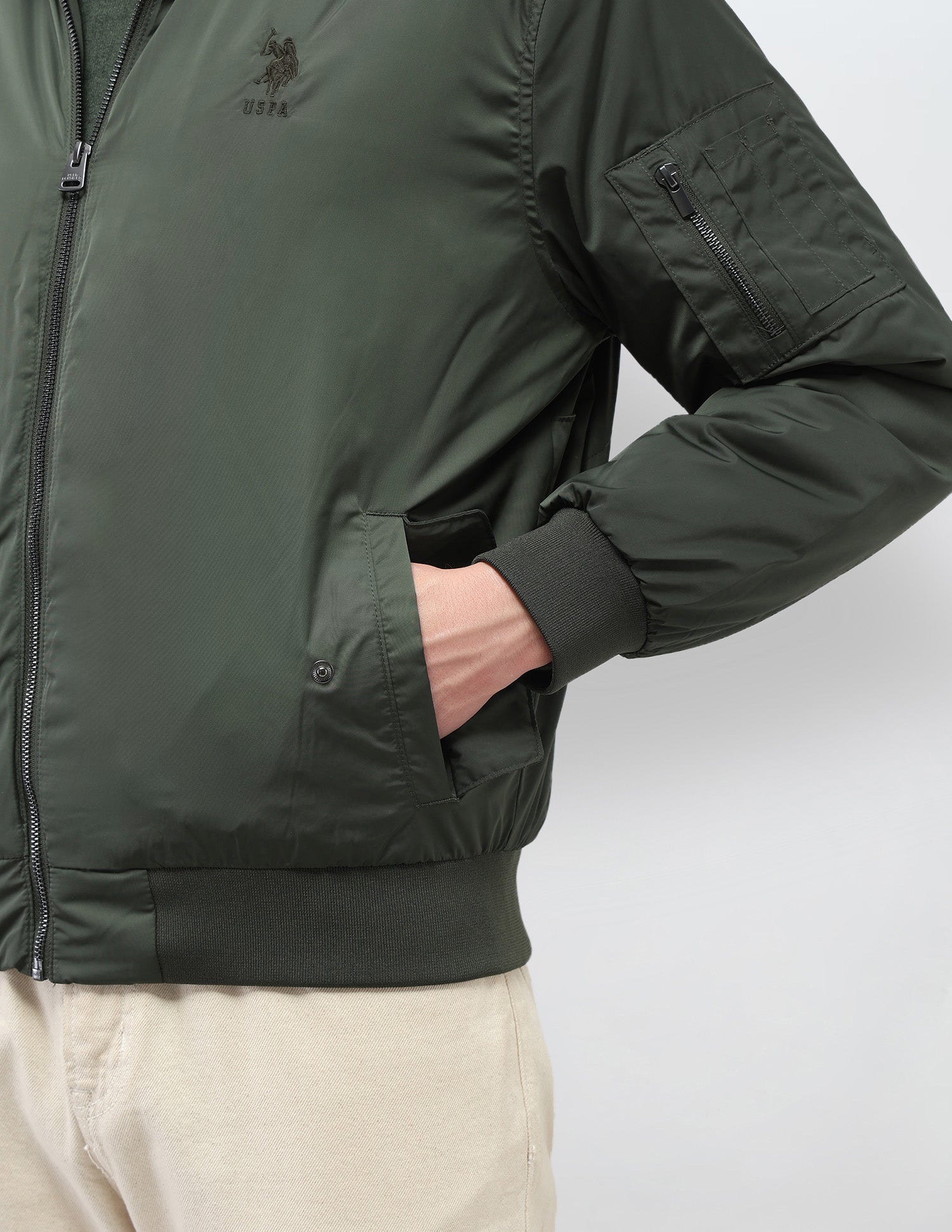 Solid Regular Fit Bomber Jacket Olive - U.S. Polo Assn. India | Large