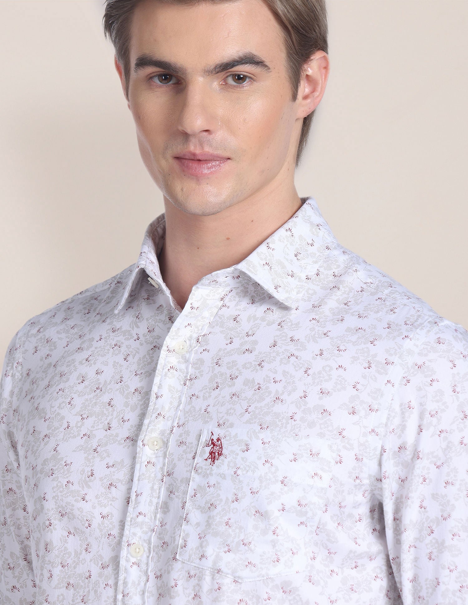 Floral Print Dobby Shirt White and Red - U.S. POLO ASSN. | Large