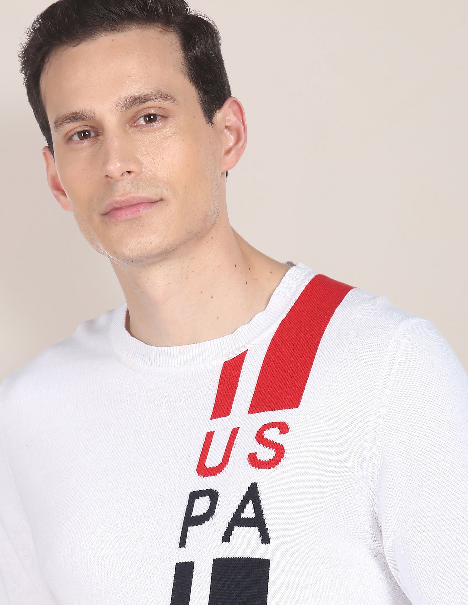 Crew Neck Patterned Knit Sweater White - U.S. Polo Assn. India | Large