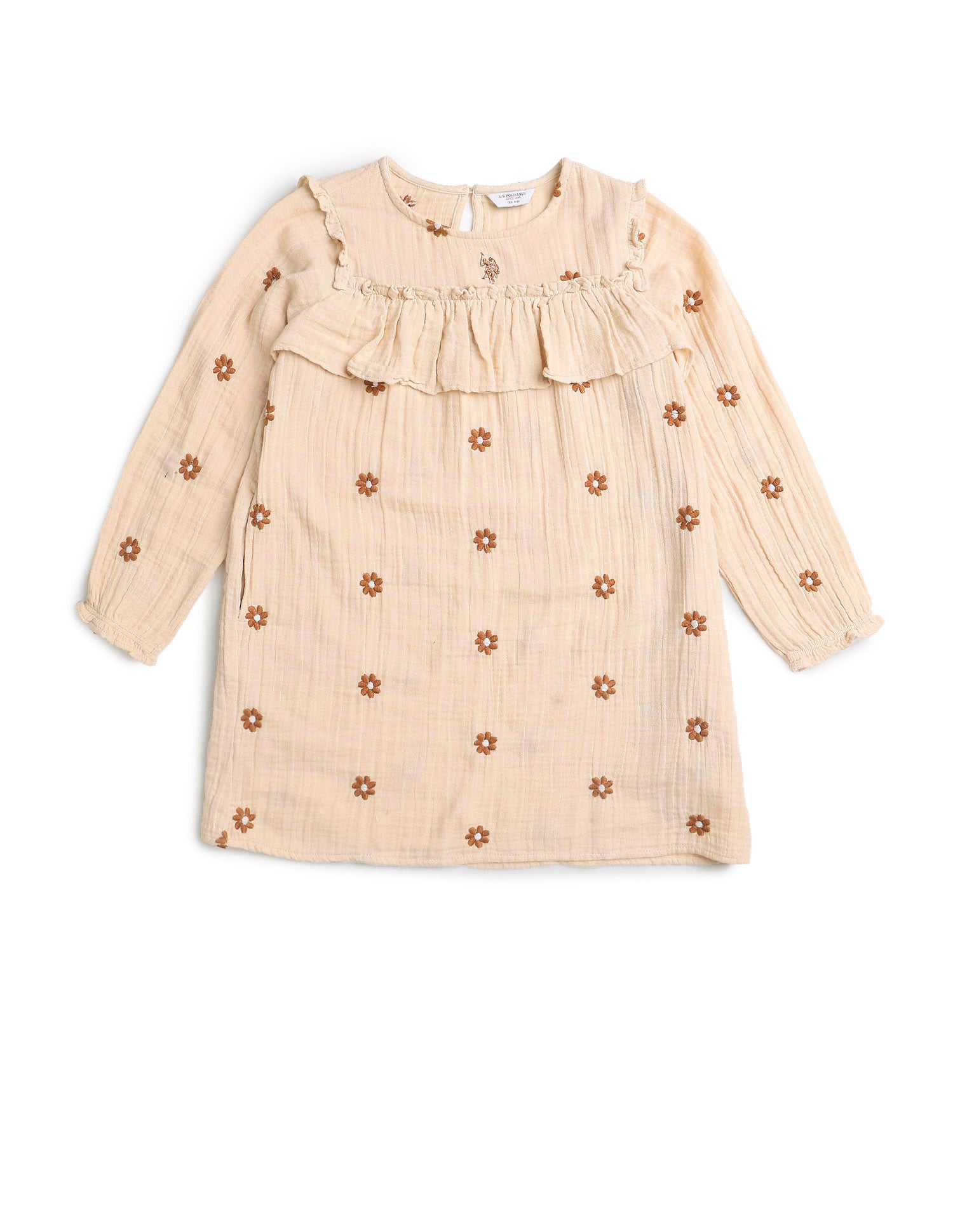 Girls Floral Embroidered A-Line Dress Beige - U.S. POLO ASSN. | Large