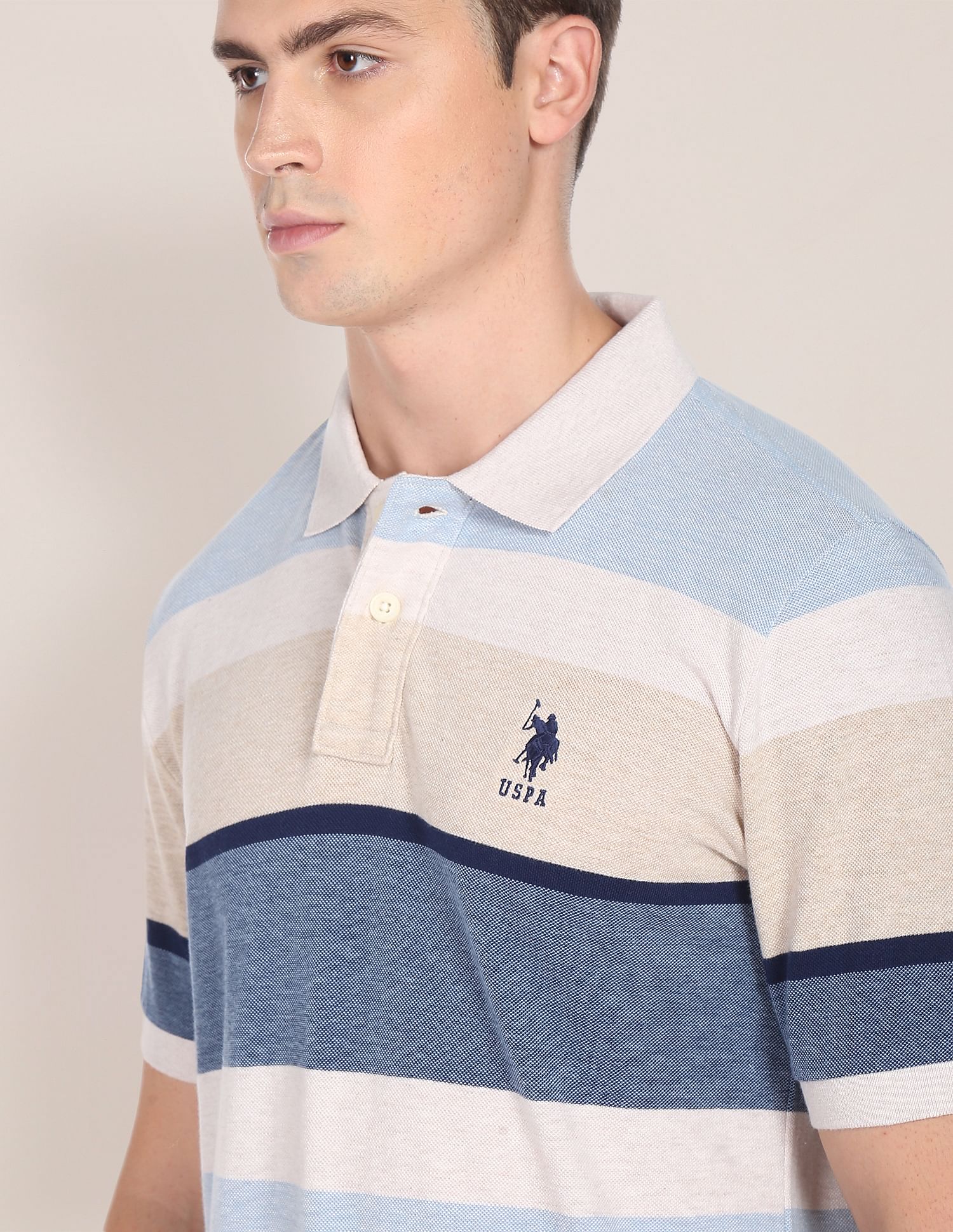 Horizontal Stripe Cotton Pique Polo Shirt Ecru and Blue - U.S. POLO ASSN. | Large
