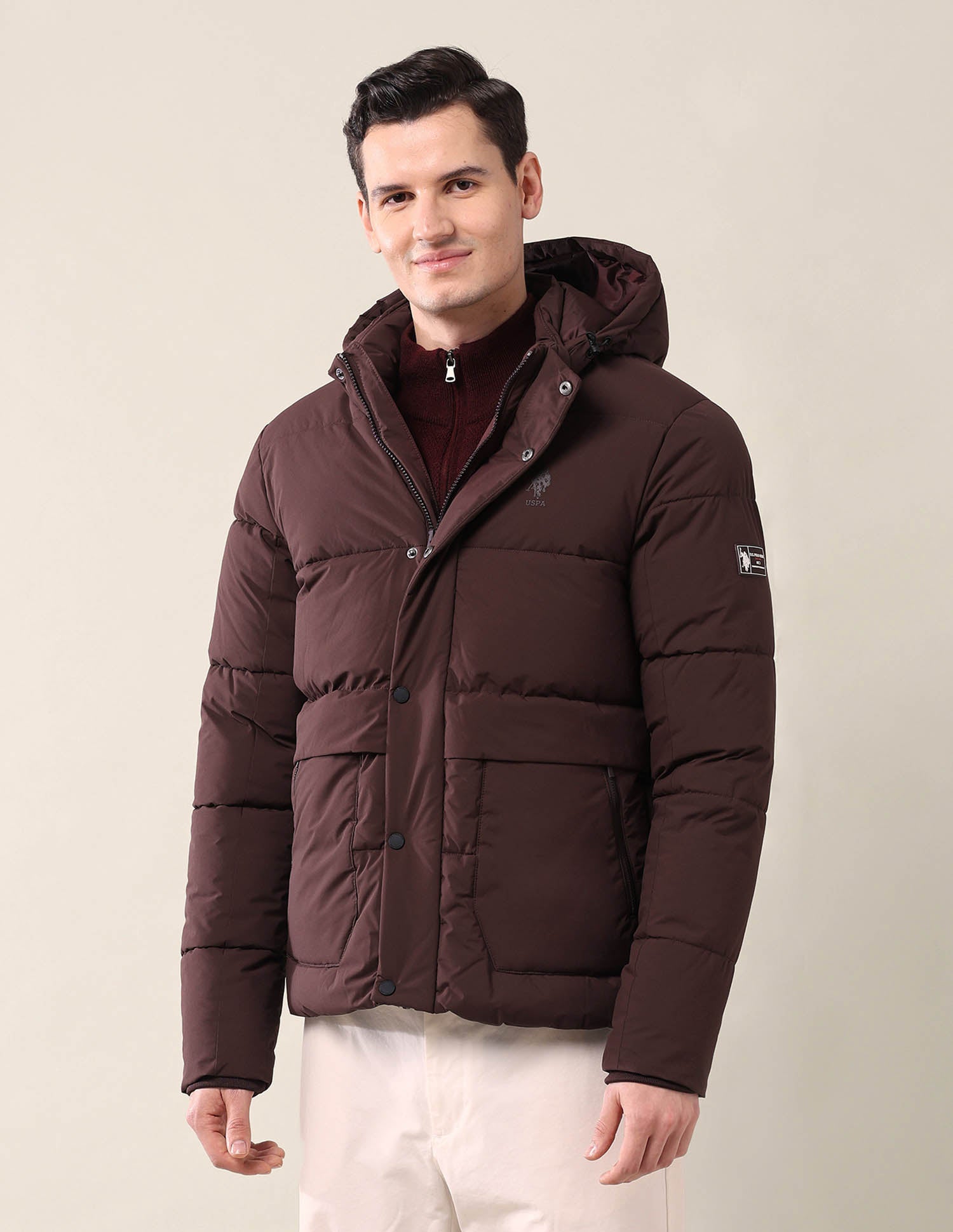 Hooded Regular Fit Puffer Jacket Wine - U.S. Polo Assn. India | Large