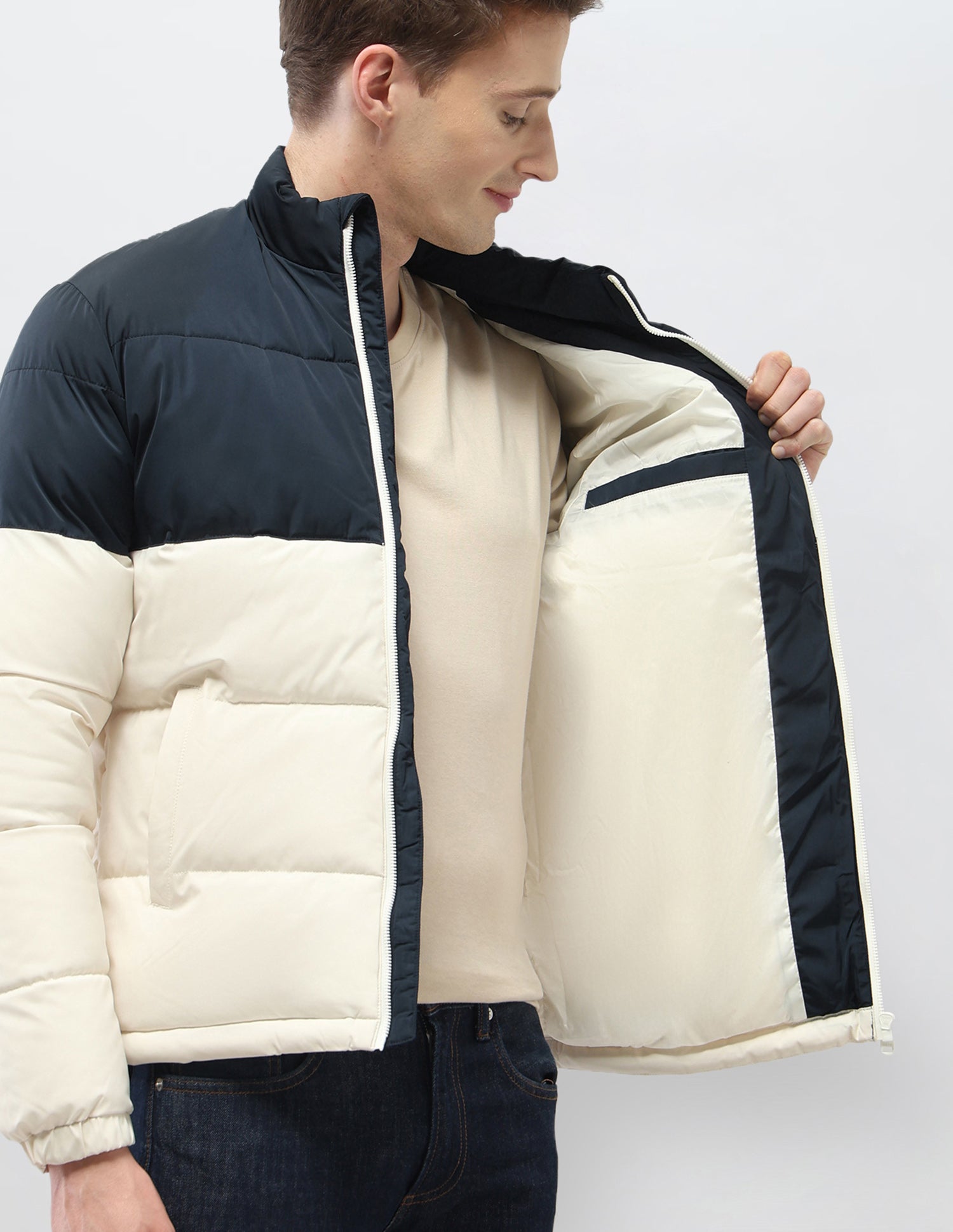 Colour Blocked Regular Fit Puffer Jacket Ivory - U.S. Polo Assn. India | Large