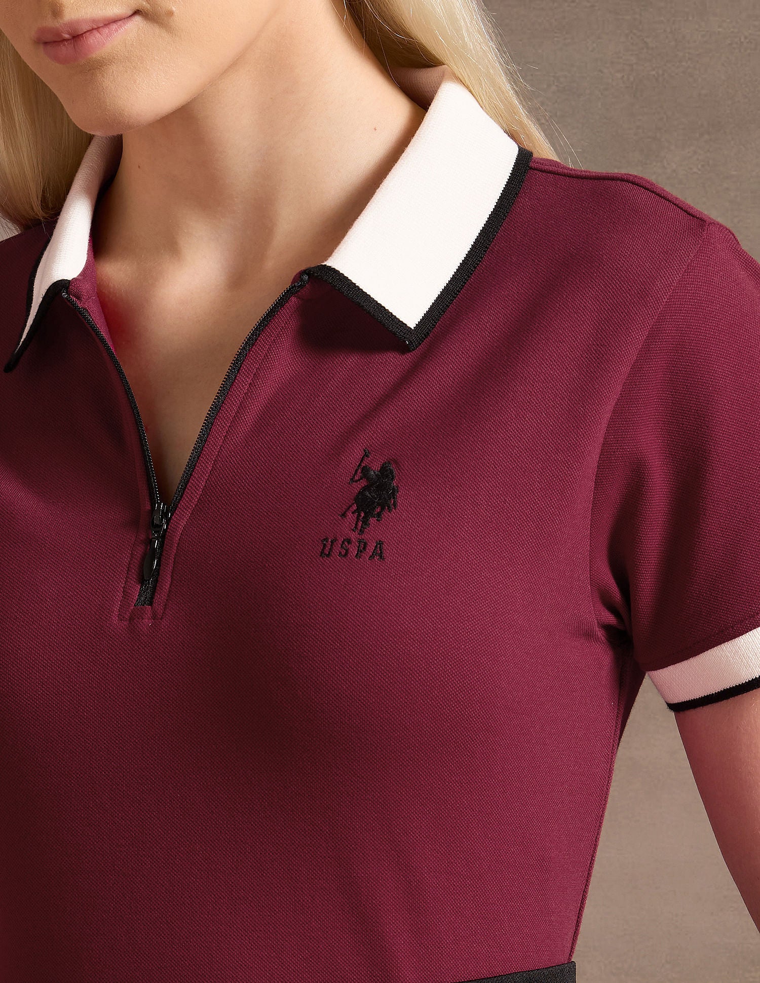 Contrast Collar Zip-Up Polo Shirt Maroon - U.S. POLO ASSN. | Large