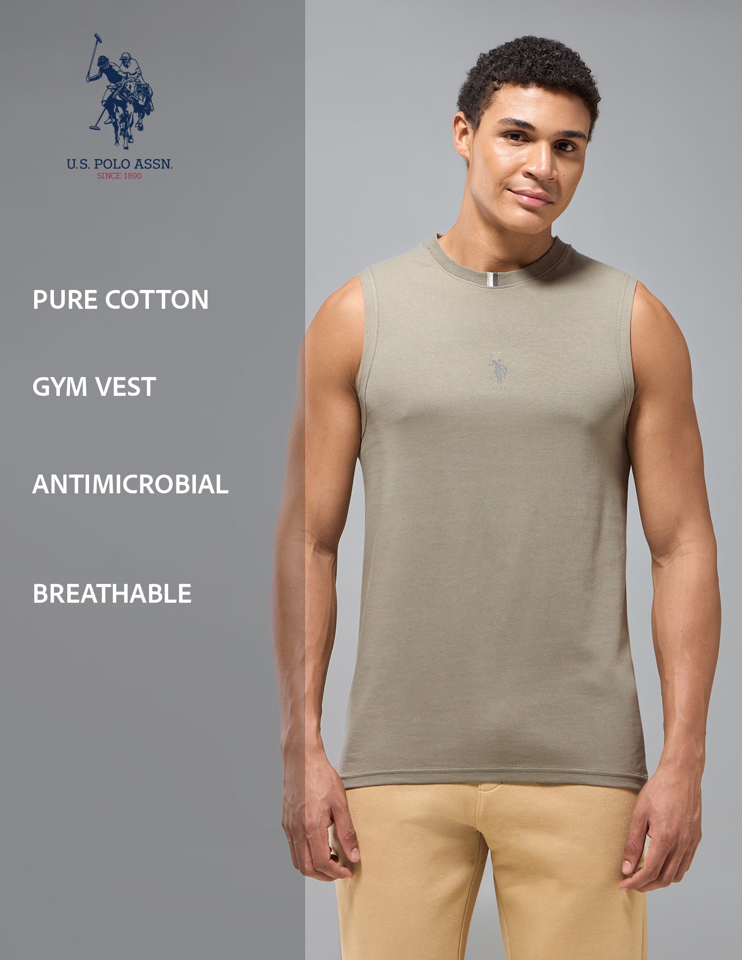 Pure Cotton Breathable OEV12 Gym Vest Timber Wolf - U.S. Polo Assn. India | Large