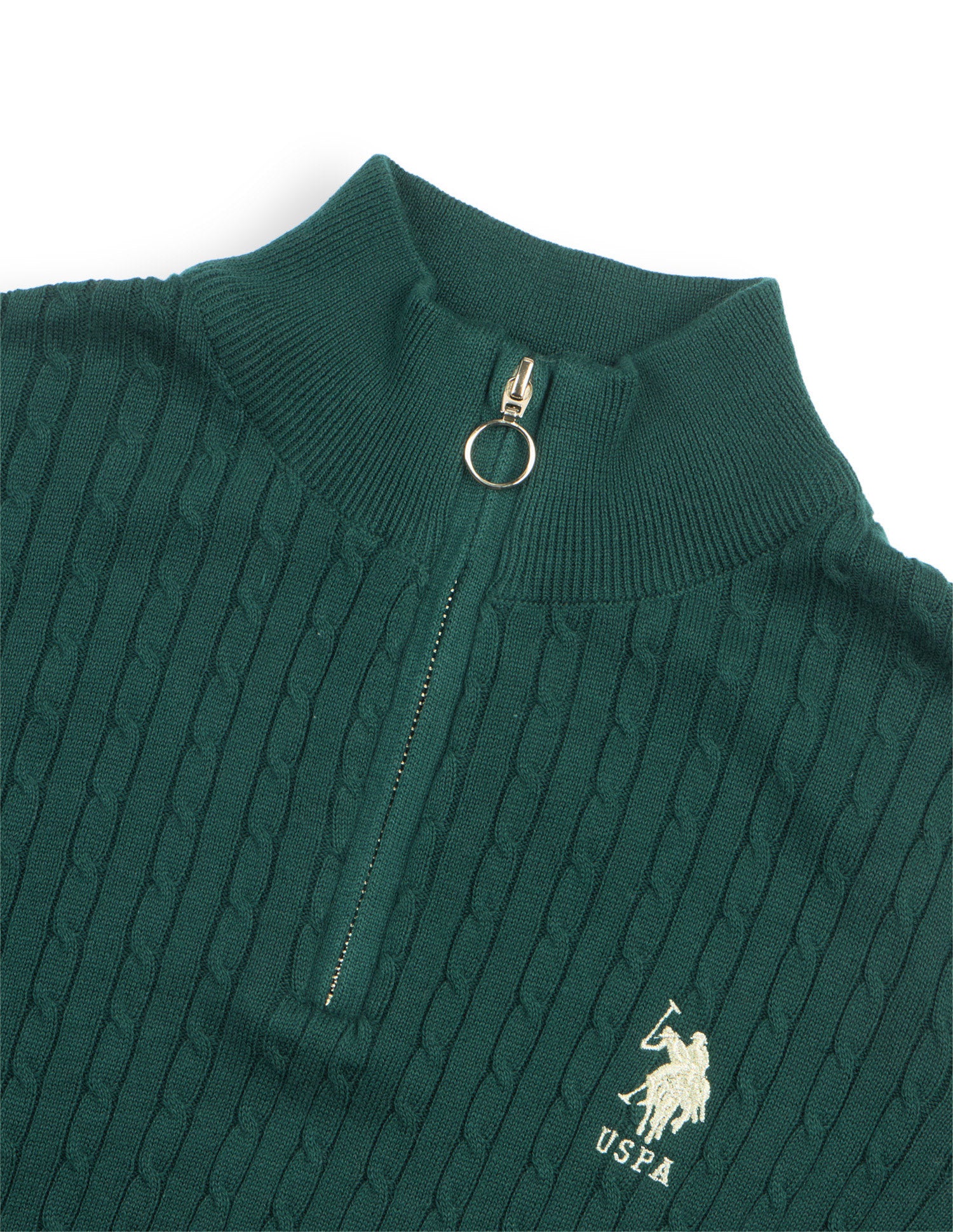 Cable Patterned Knit Regular Fit Half Zip Sweater Dark Green - U.S. Polo Assn. India | Large