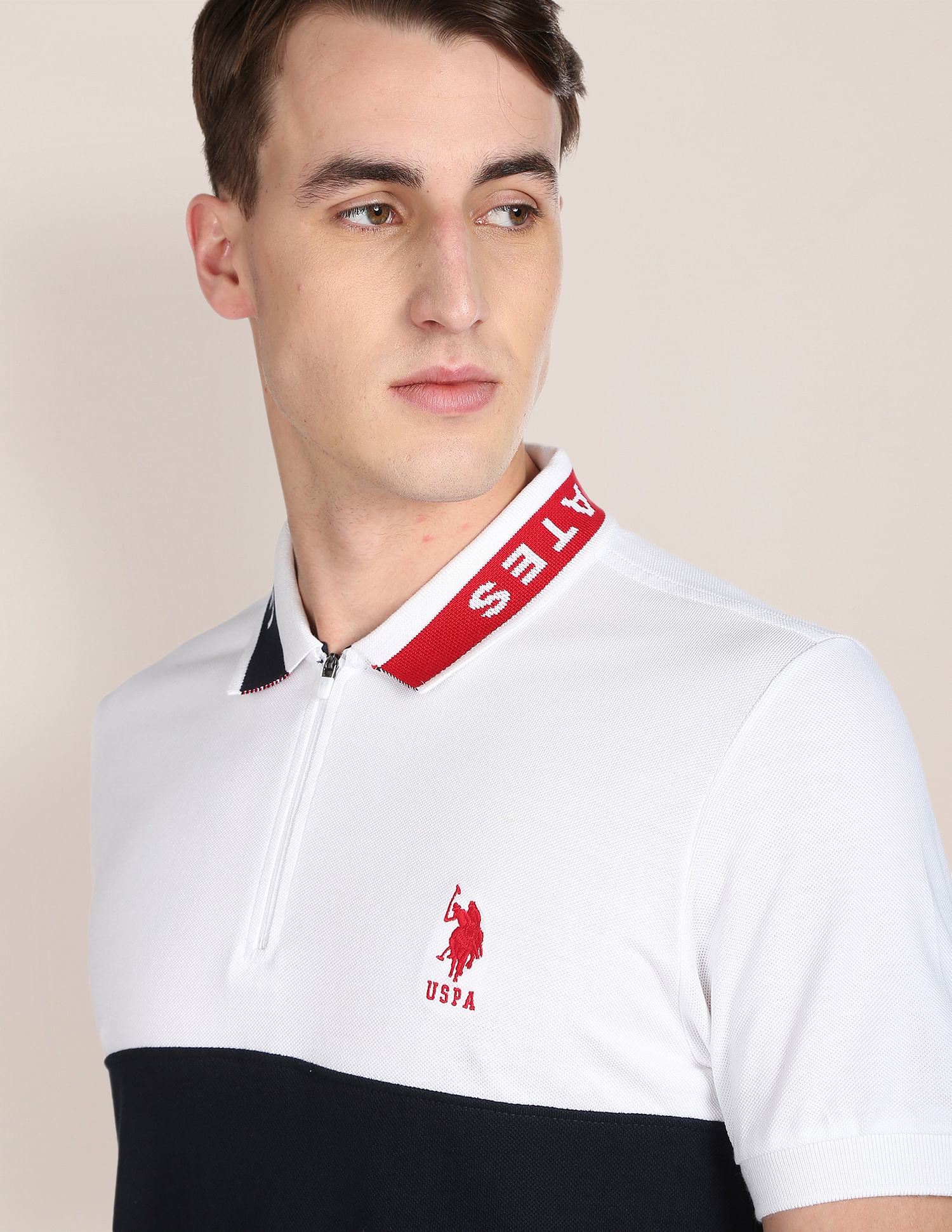 Colour Block Pure Cotton Polo Shirt Navy and White - U.S. Polo Assn. India | Large