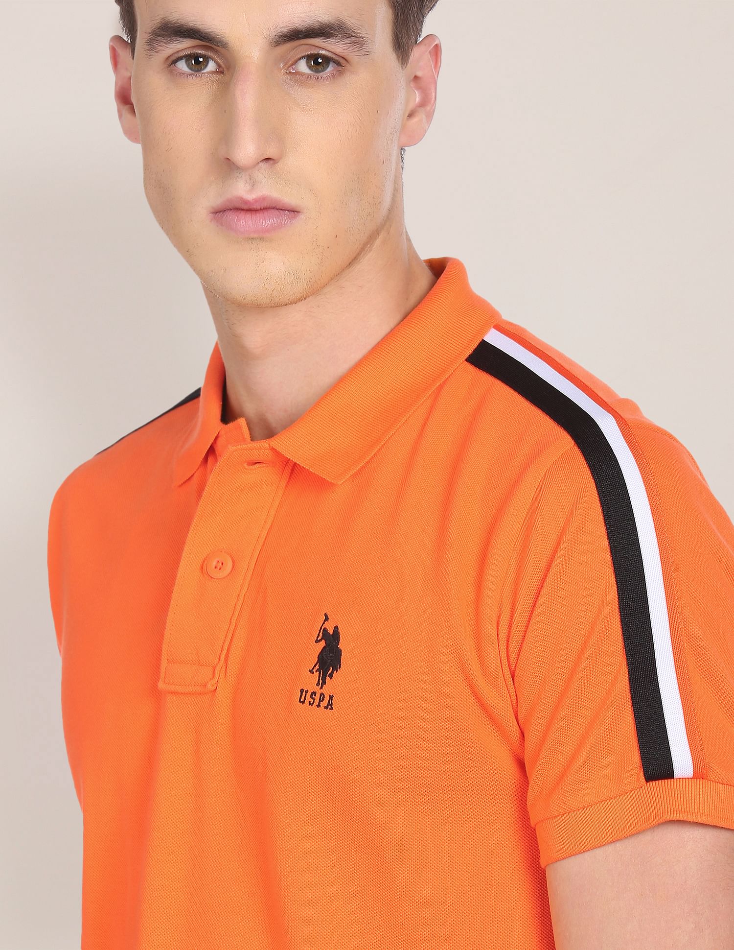 Striped Tape Solid Pure Cotton Polo Shirt Orange - U.S. Polo Assn. India | Large