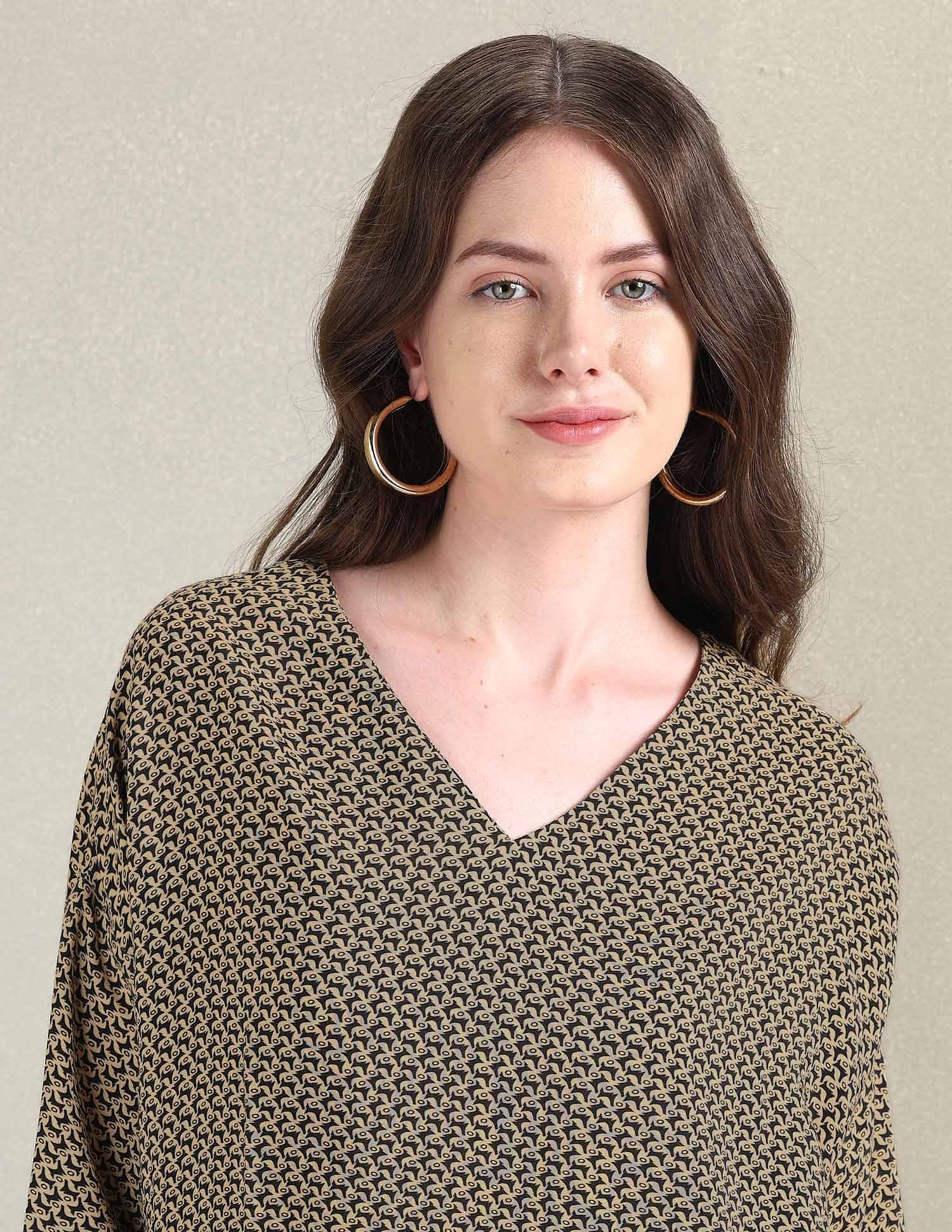 Geometric Print Viscose Kaftan Top Beige and Black - U.S. POLO ASSN. | Large