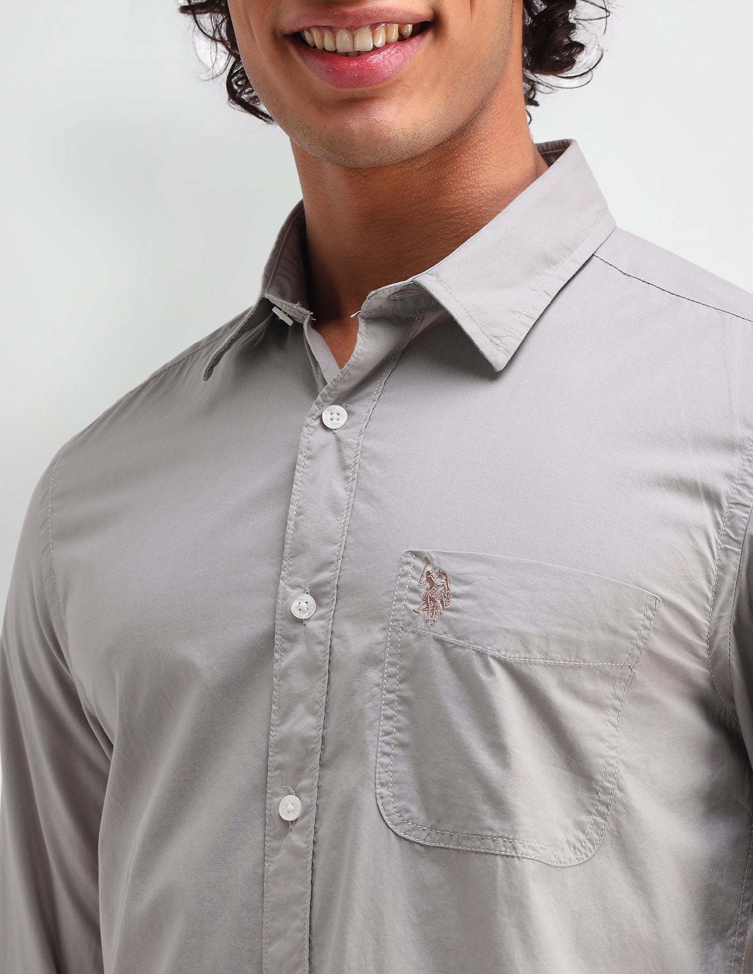 Solid Pattern Twill Shirt Light Grey - U.S. Polo Assn. India | Large