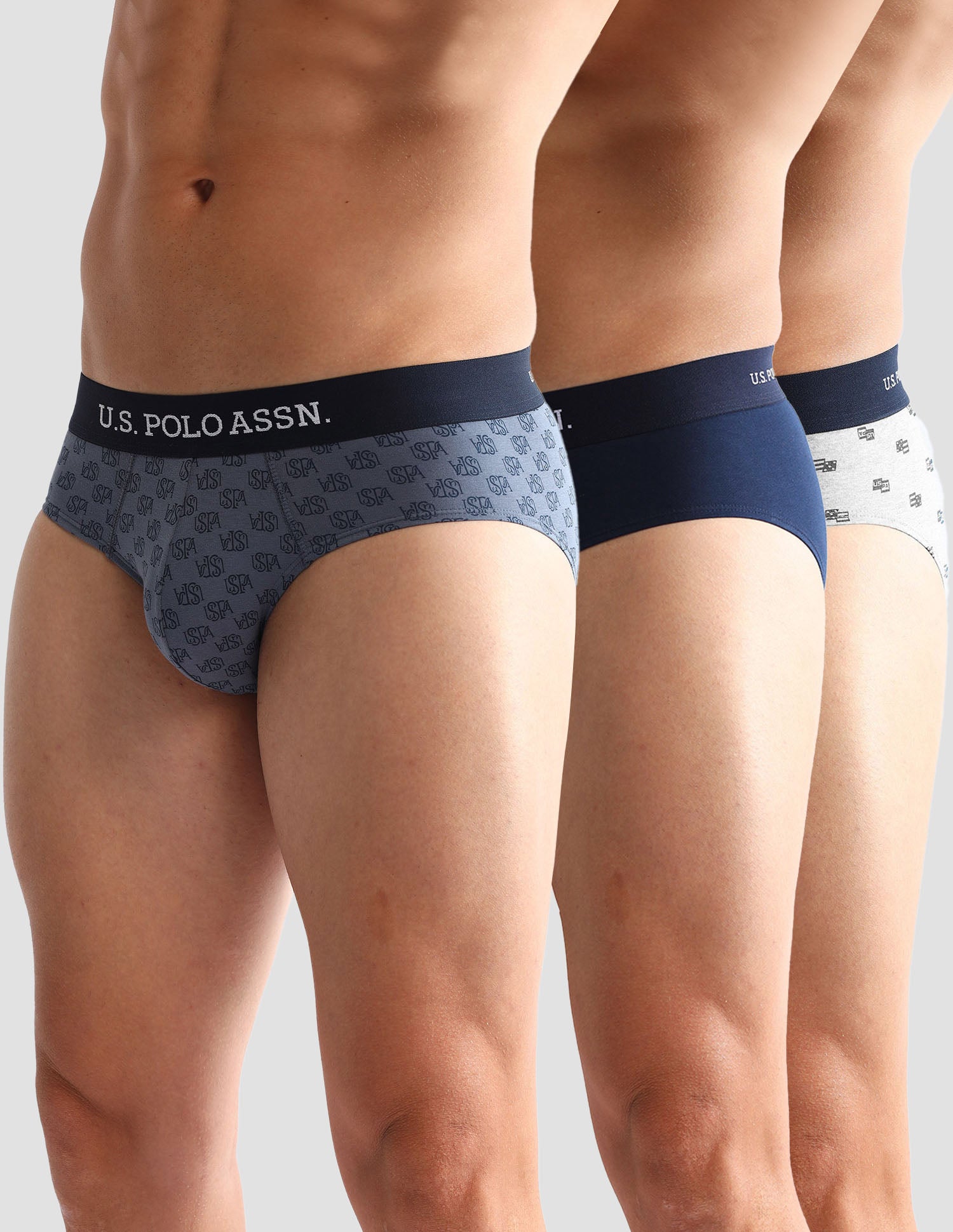 Anti Microbial Printed OEB14 Briefs - Pack Of 3 Grey Melange, Blue and Navy - U.S. POLO ASSN. | Large