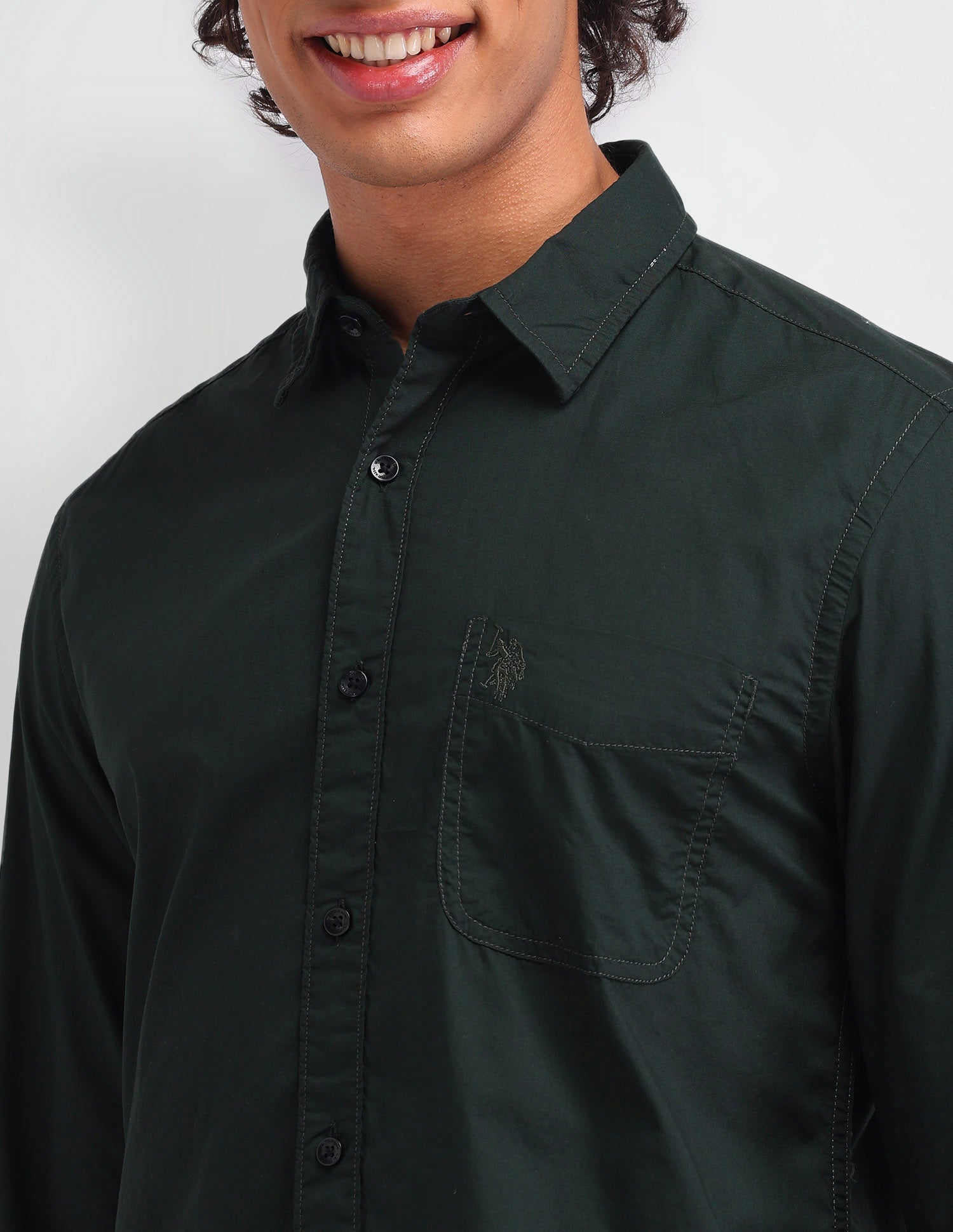 Solid Pattern Twill Shirt Dark Green - U.S. Polo Assn. India | Large