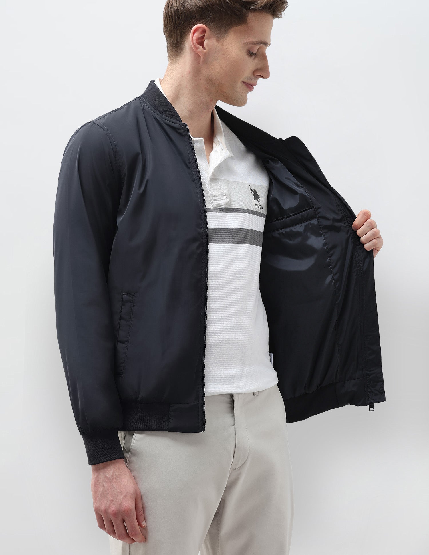 Solid Regular Fit Bomber Jacket Navy - U.S. Polo Assn. India | Large