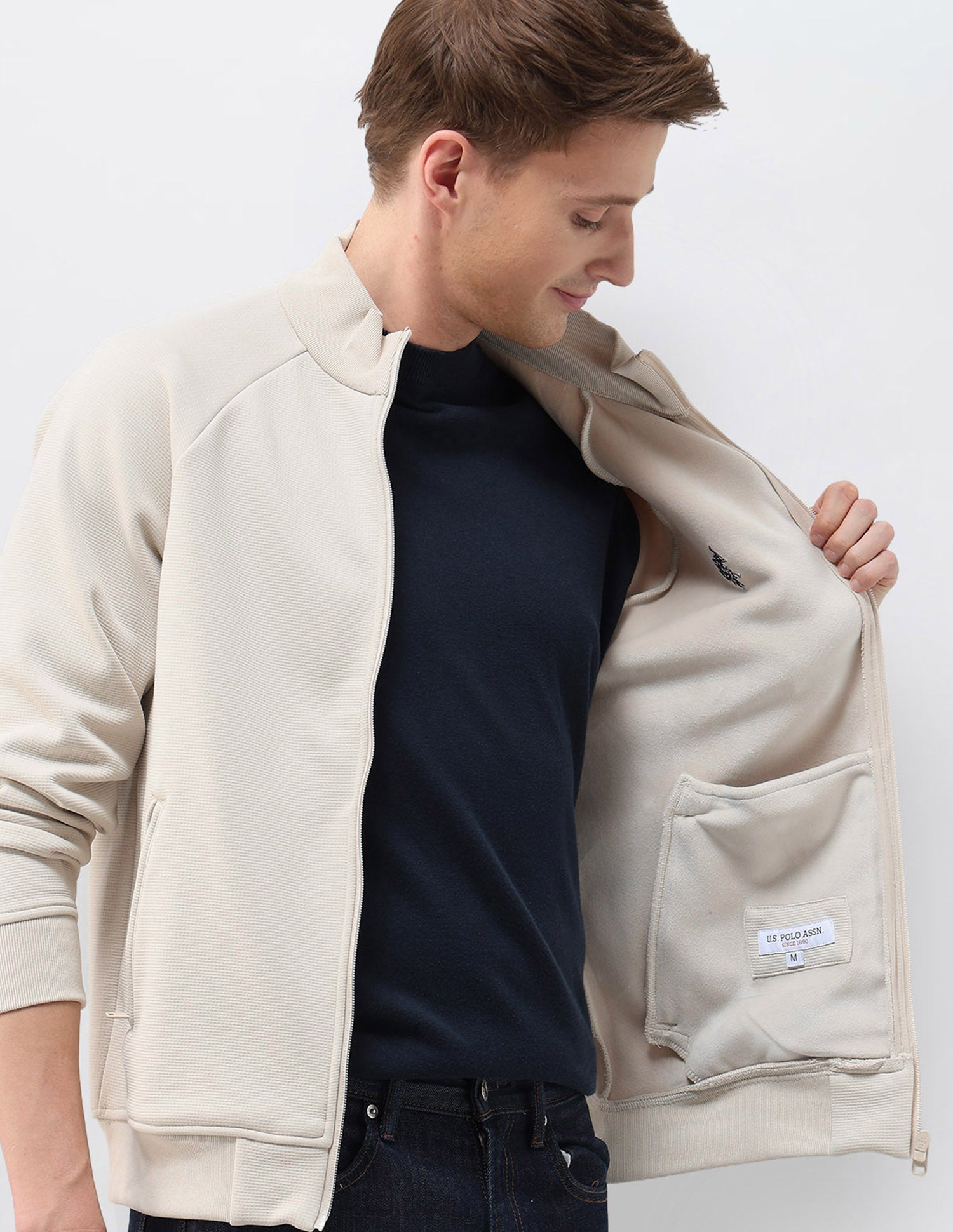 Textured Zipper Sweatshirt Beige - U.S. POLO ASSN. | Large