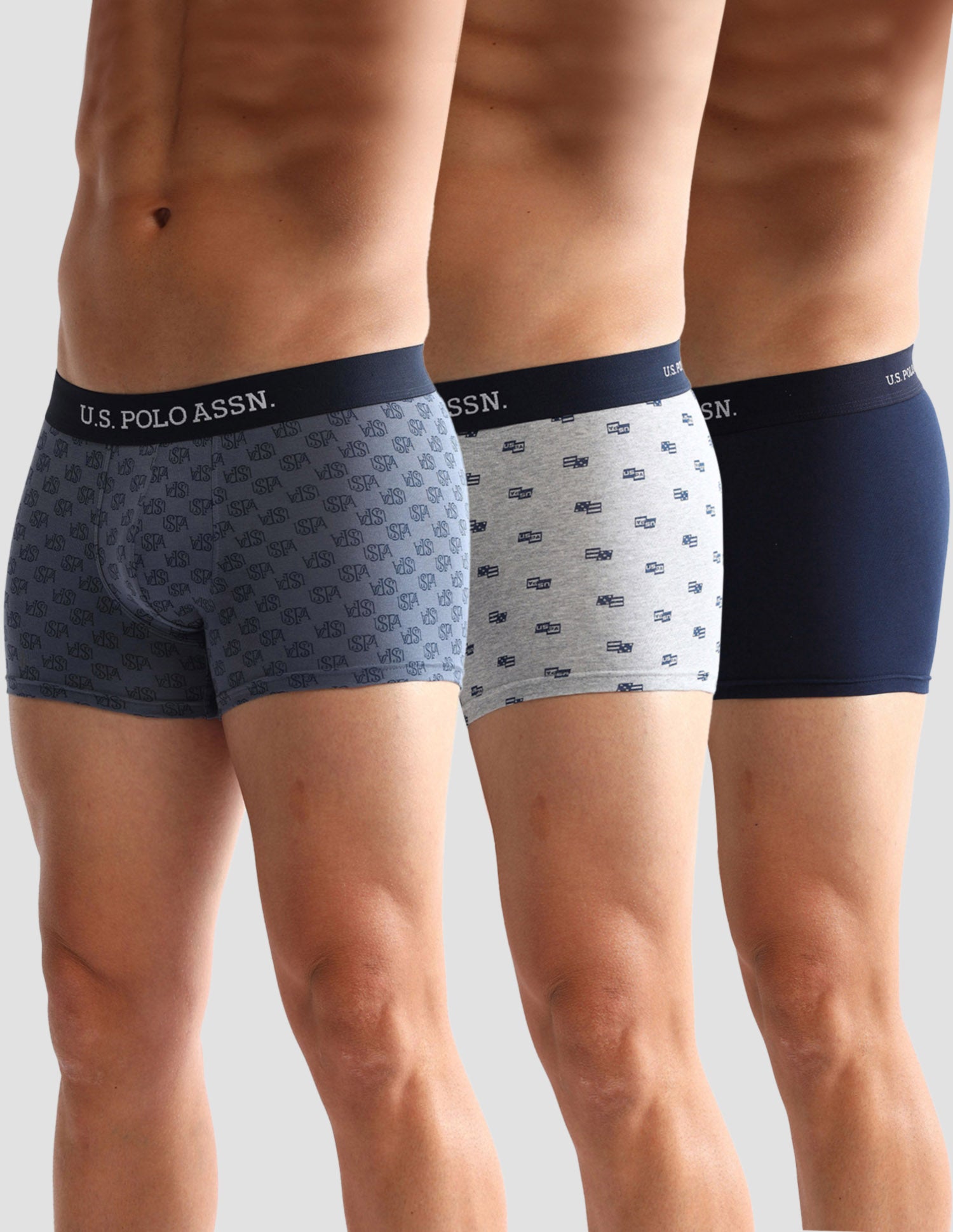 Anti Microbial Printed OET14 Trunks - Pack Of 3 Grey Melange, Blue and Navy - U.S. POLO ASSN. | Large