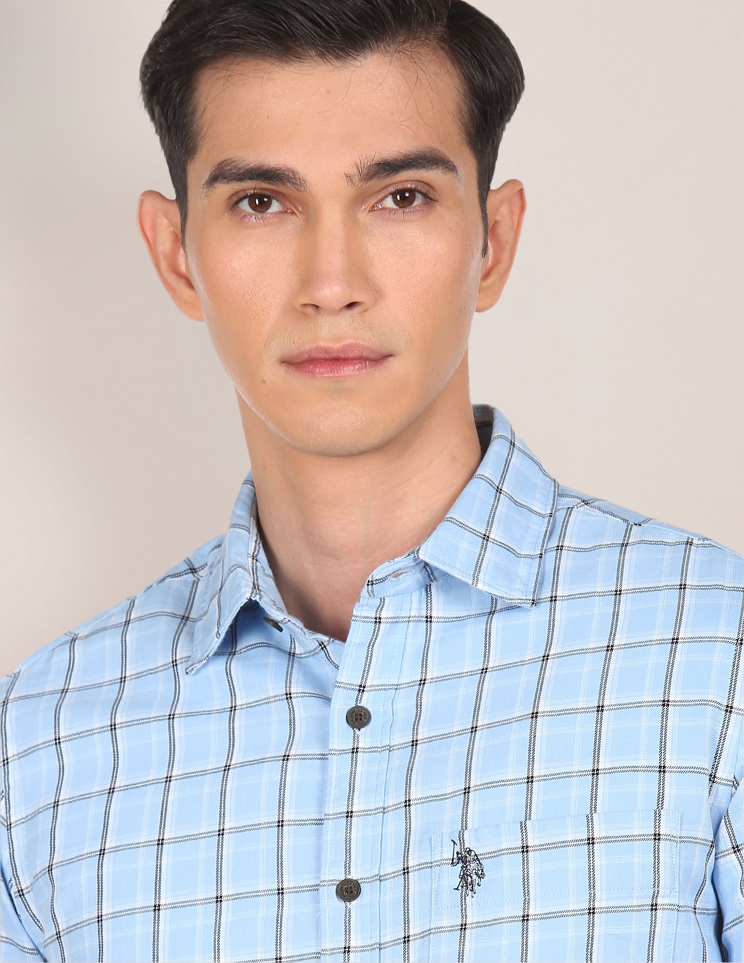 Men Light Blue Pure Cotton Check Casual Shirt Light Blue - U.S. POLO ASSN. | Large