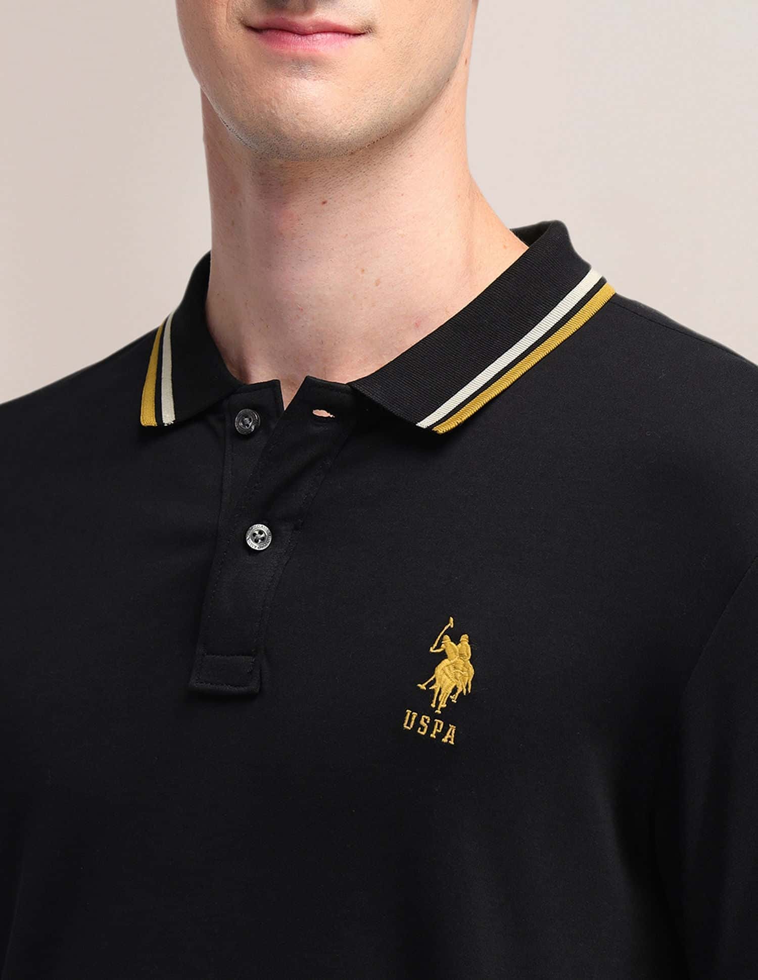 Pure Cotton Solid Slim Fit Polo Shirt Black - U.S. POLO ASSN. | Large