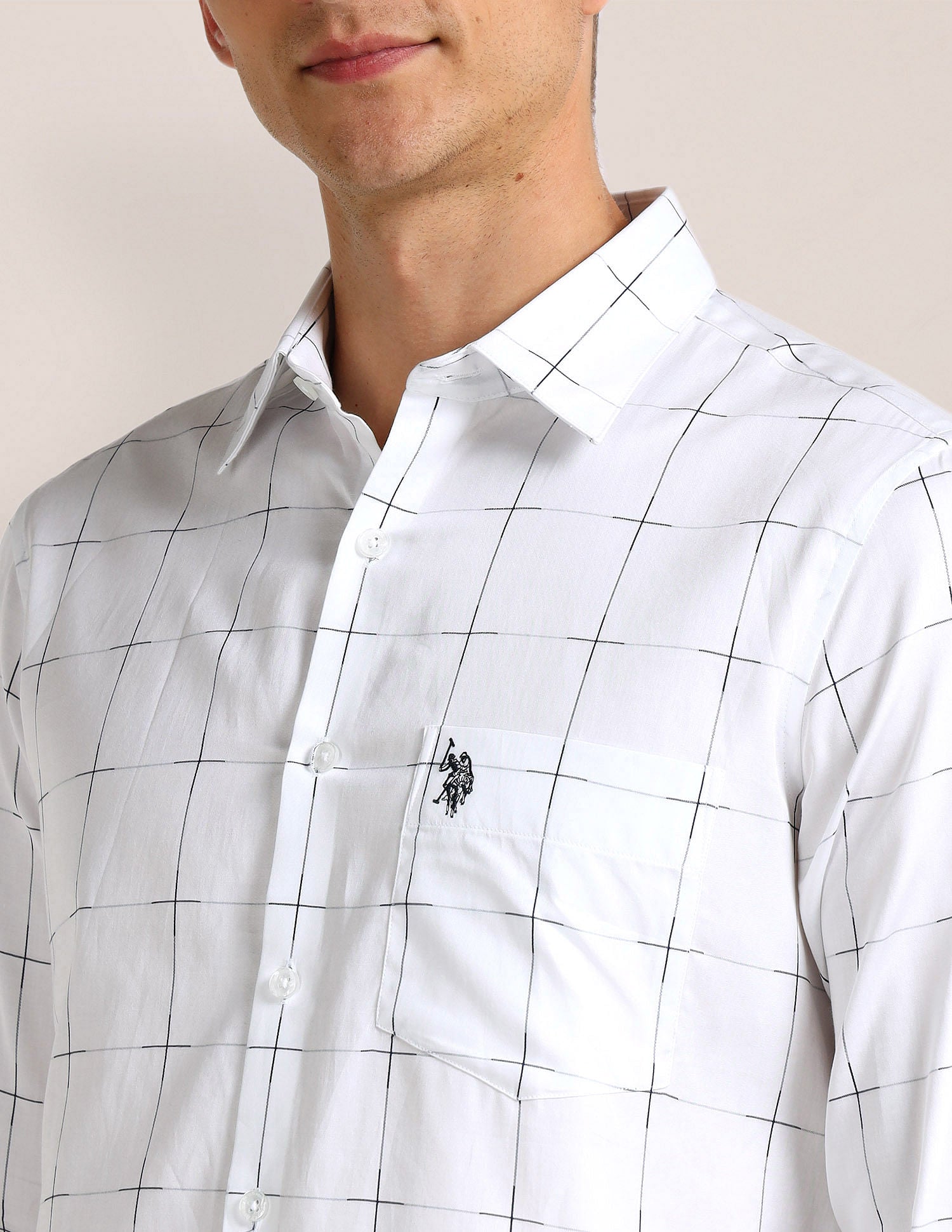 Tailored Fit Cotton Checked Shirt White - U.S. Polo Assn. India | Large