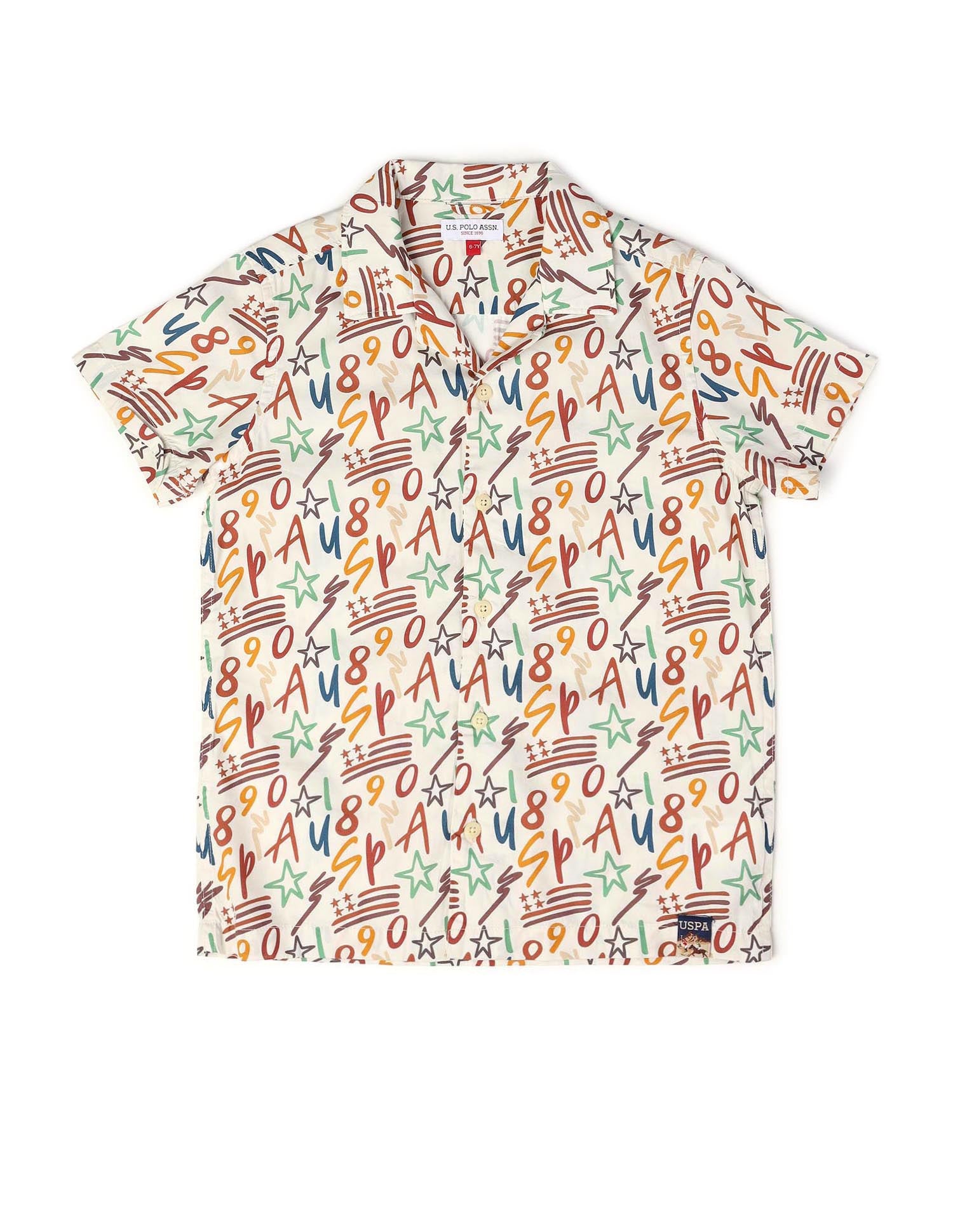 Boys All Over Printed Cuban Shirt Off White - U.S. POLO ASSN. | Large