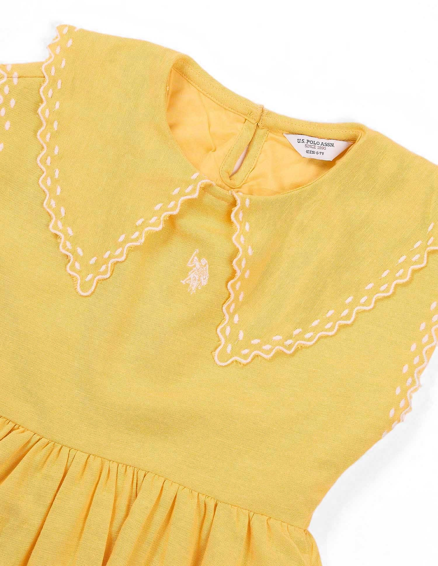 Girls Embroidered Collar Pure Cotton Dress Light Yellow - U.S. POLO ASSN. | Large