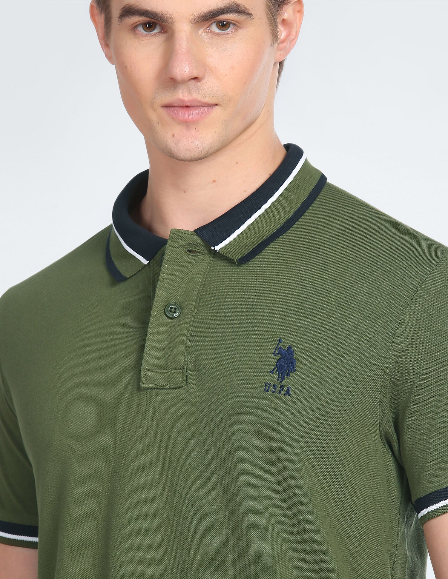 Striped Collar Slim Fit Polo Shirt Olive - U.S. Polo Assn. India | Large